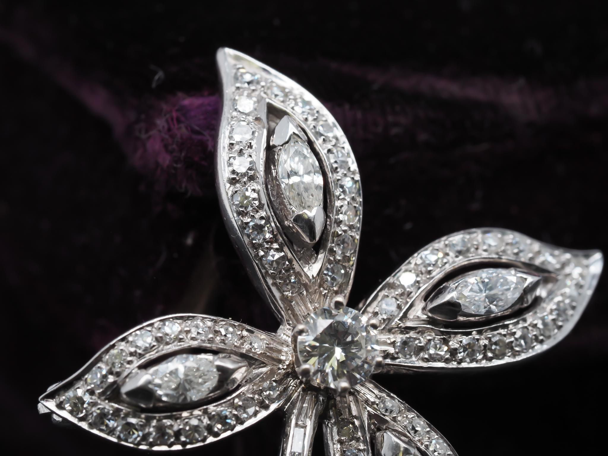 Estate 14K White Gold Flower Brooch with Diamonds For Sale 2