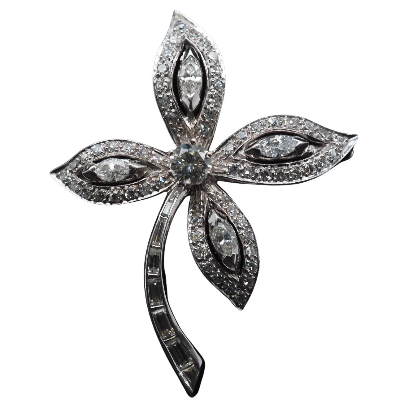 Estate 14K White Gold Flower Brooch with Diamonds