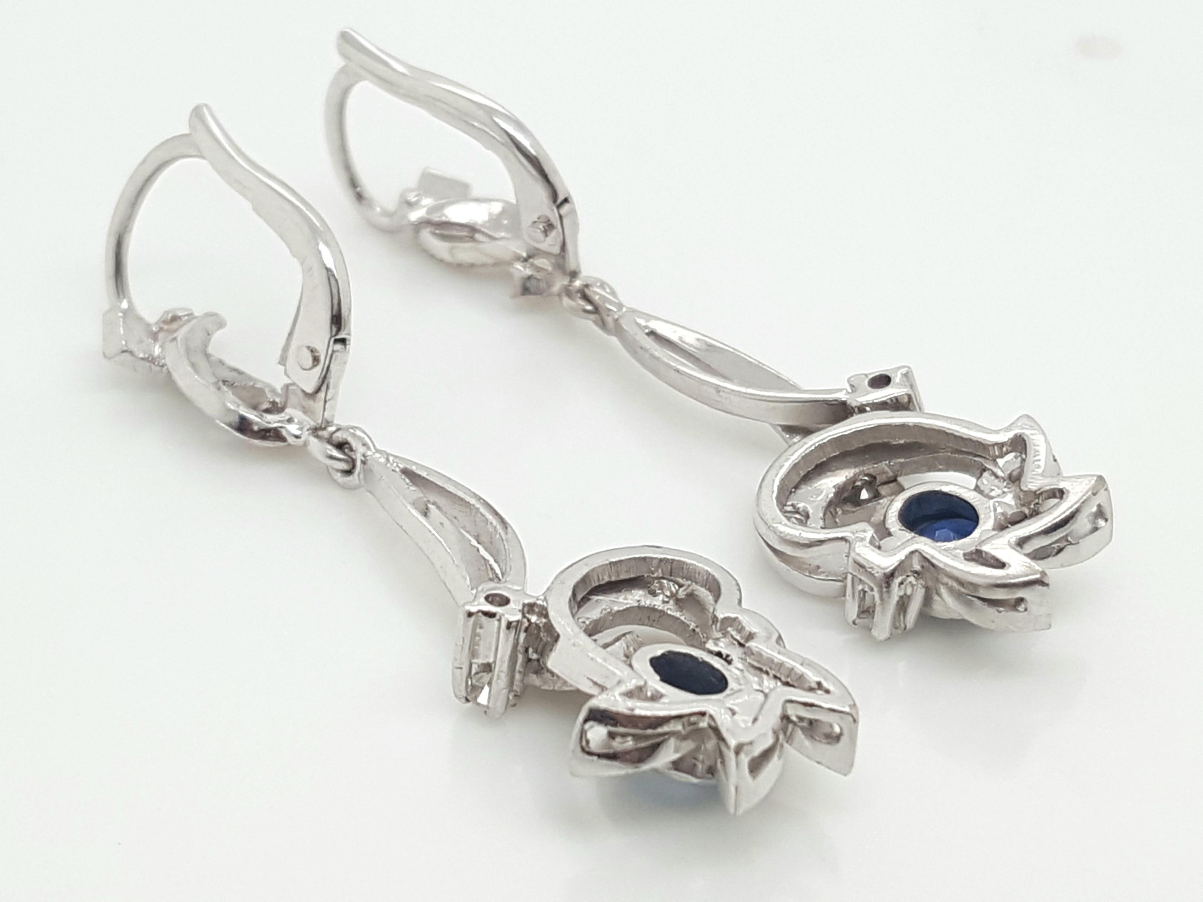 Women's Estate 14 Karat White Gold Oval Blue Sapphire and Diamond Leverback Earrings For Sale