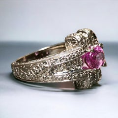 Estate 14K White Gold Oval Pink Sapphire Diamond Filigree Cocktail Ring
