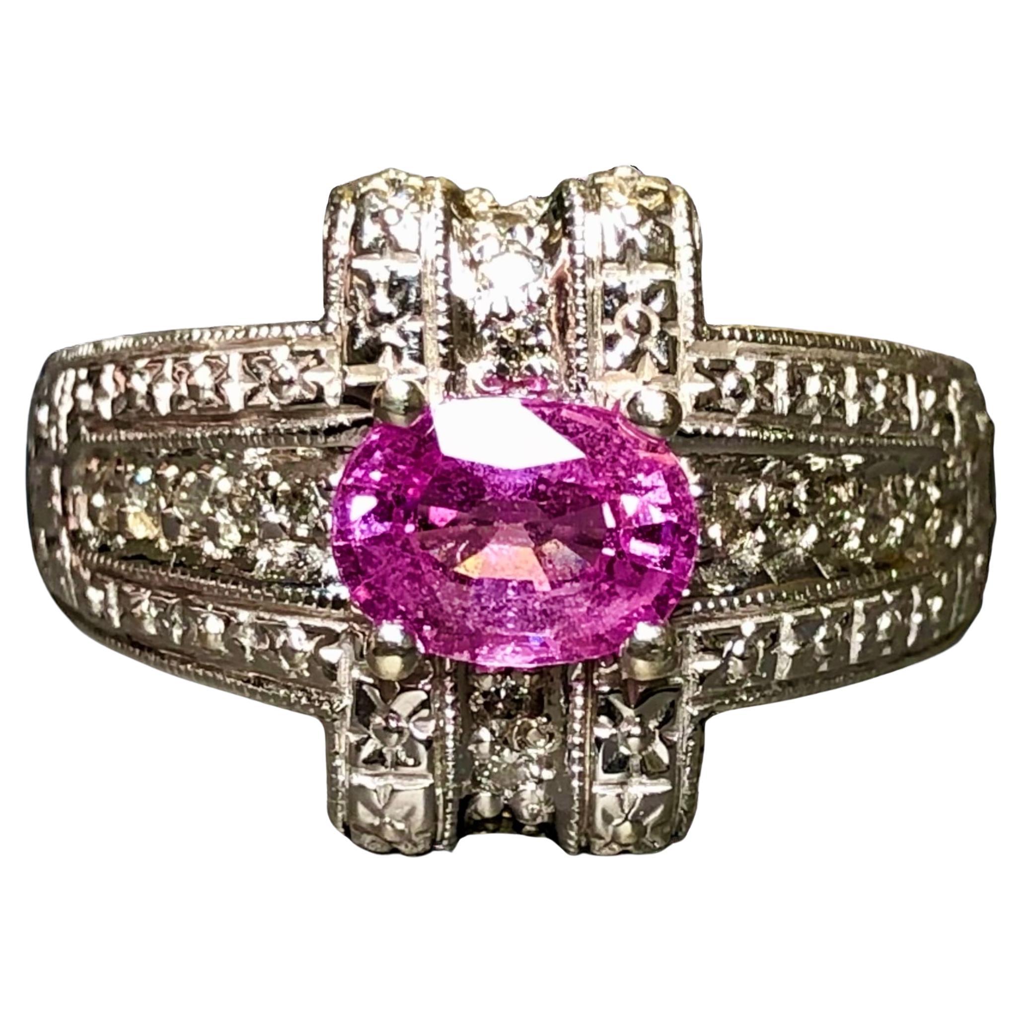 Nachlass 14K Weißgold Oval Rosa Saphir Diamant Filigraner Cocktail-Ring