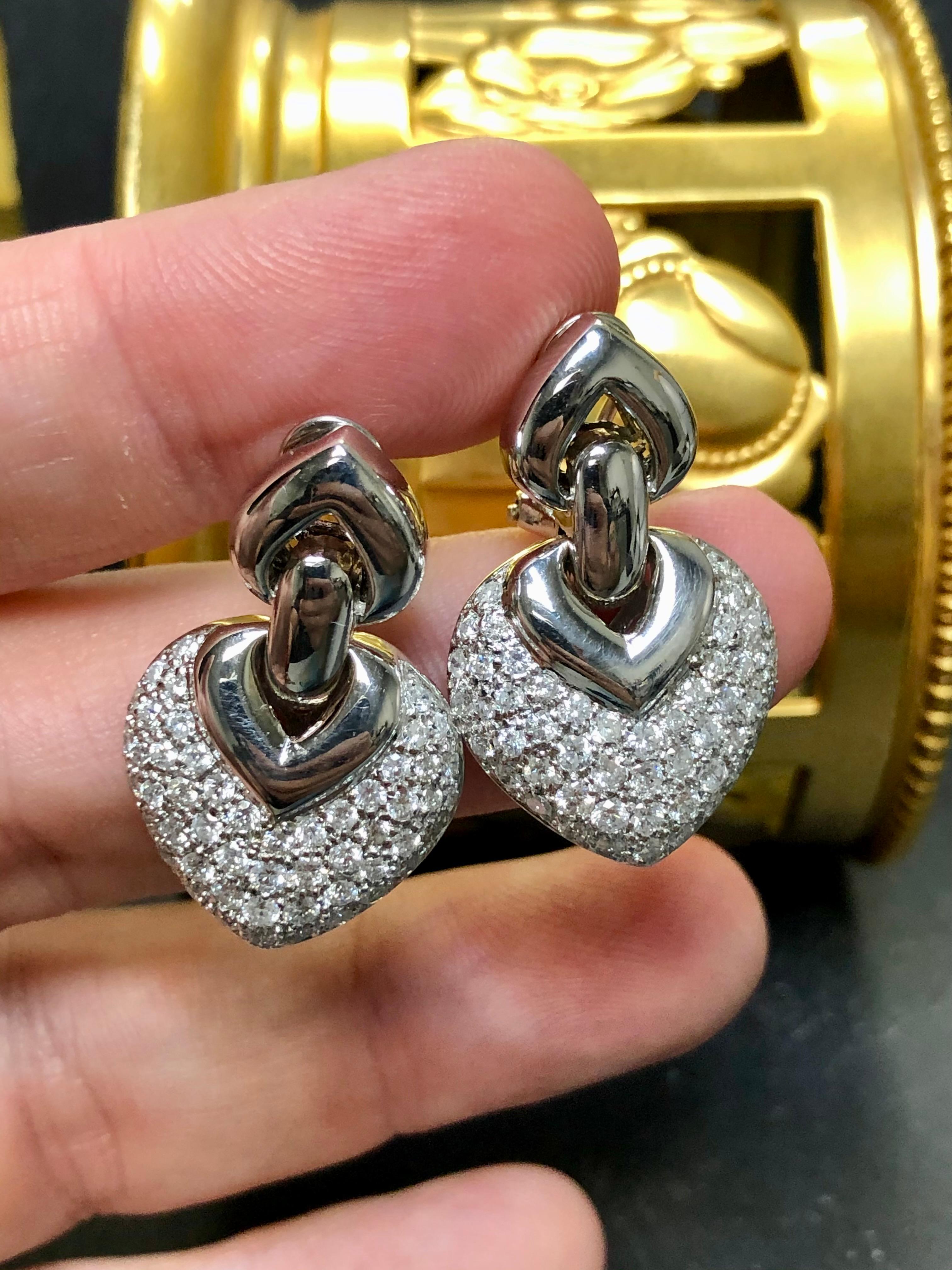 Estate 14K White Gold Pave Diamond Omega Back Drop Earrings 3cttw In Good Condition For Sale In Winter Springs, FL