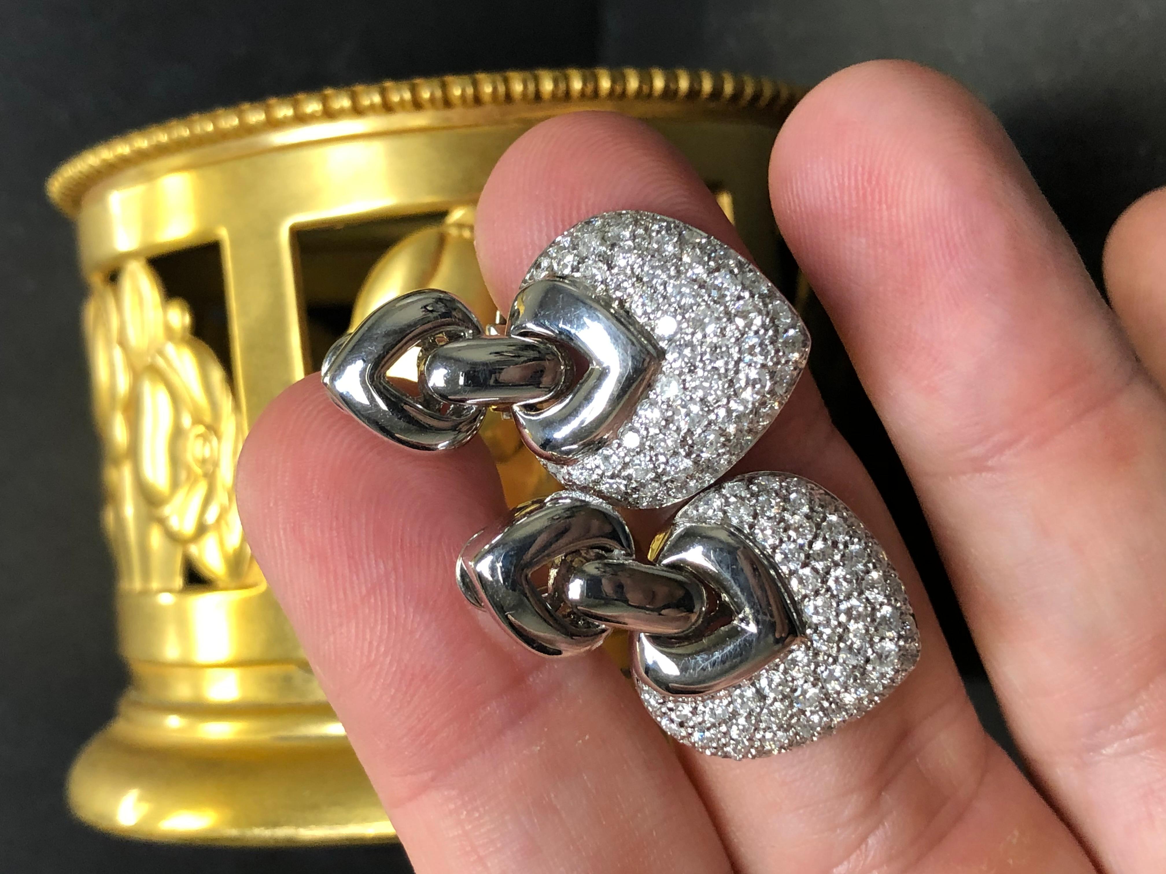 Women's or Men's Estate 14K White Gold Pave Diamond Omega Back Drop Earrings 3cttw For Sale