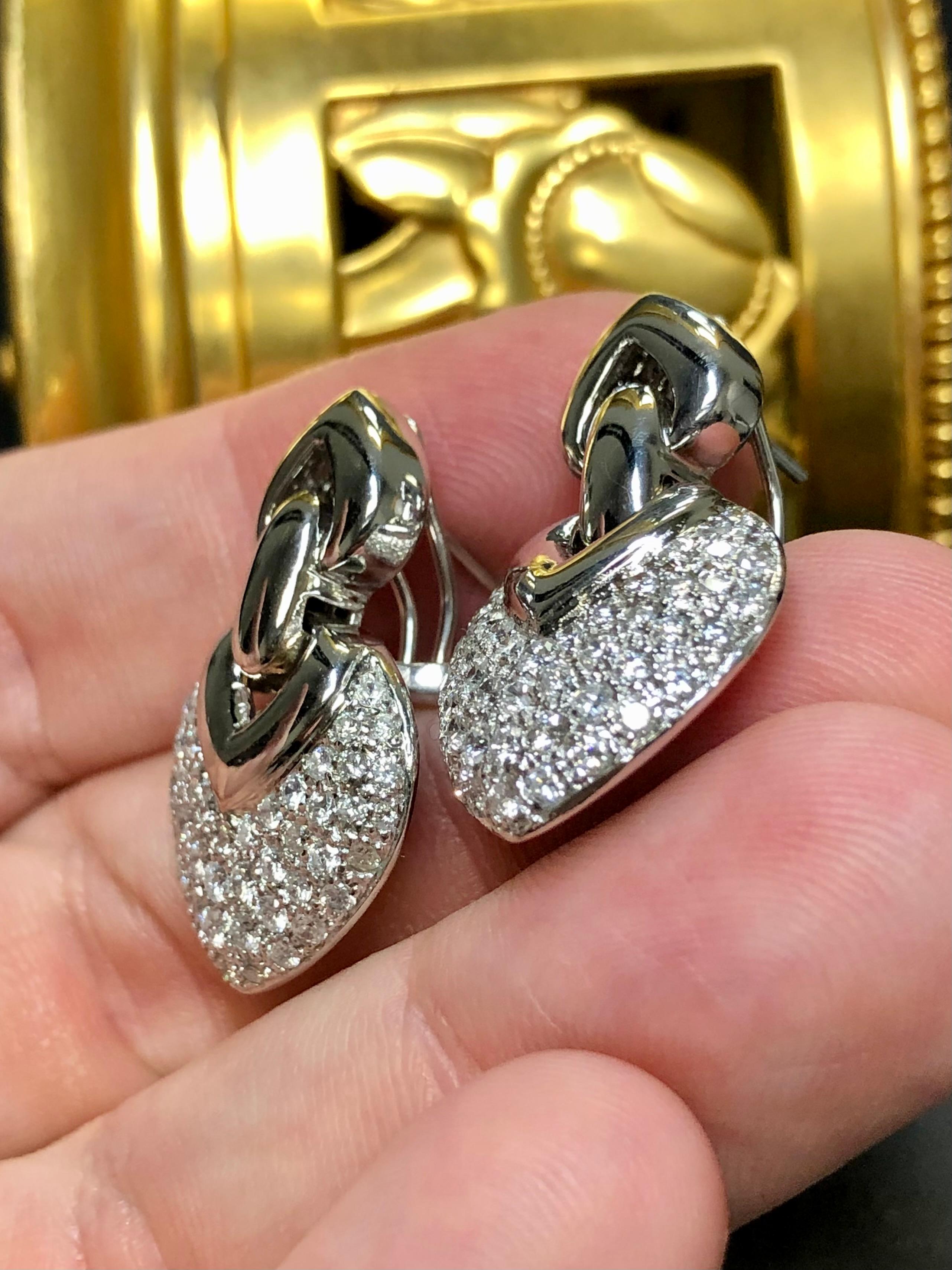Estate 14K White Gold Pave Diamond Omega Back Drop Earrings 3cttw For Sale 1