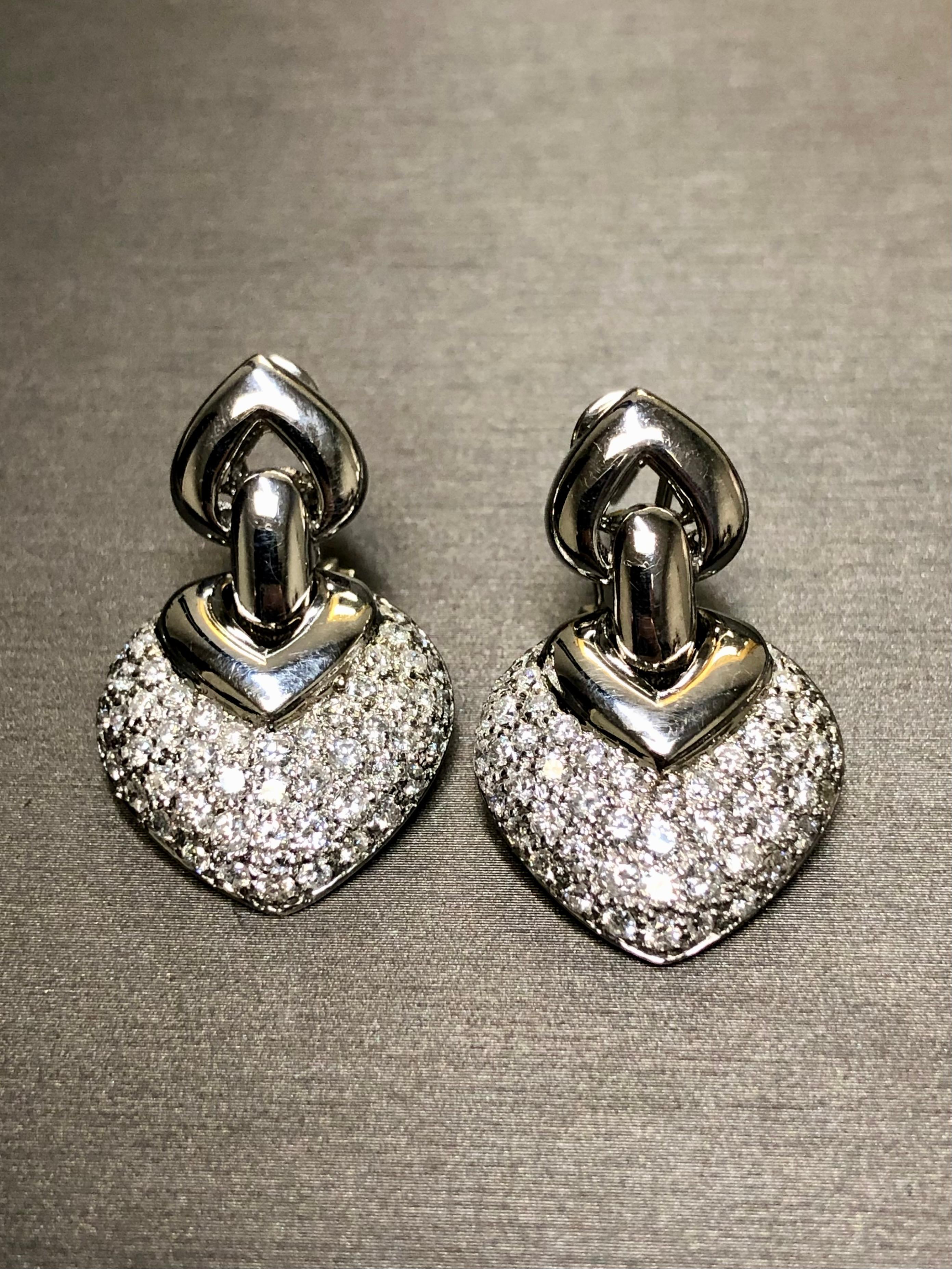 Estate 14K White Gold Pave Diamond Omega Back Drop Earrings 3cttw For Sale 2