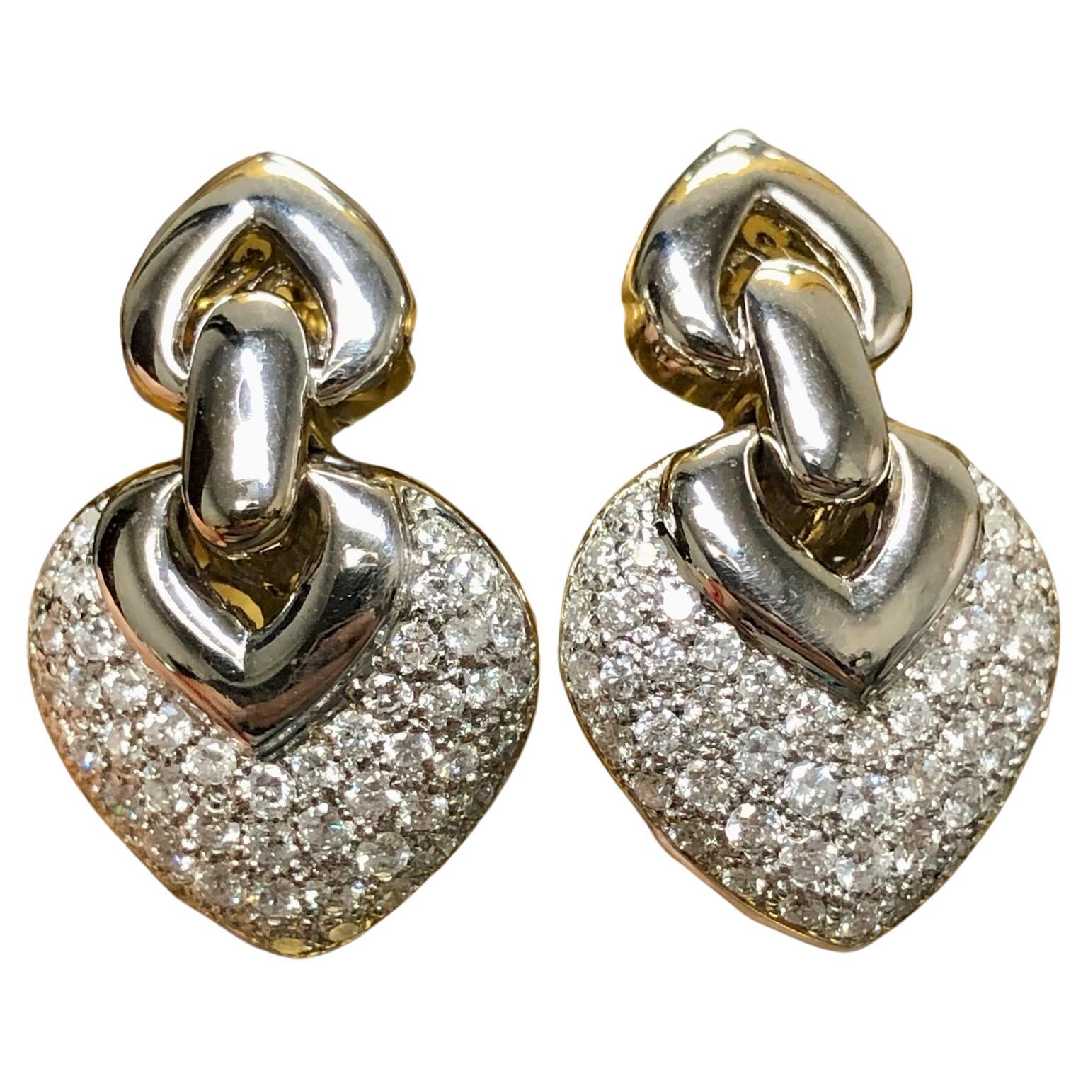 Estate 14K White Gold Pave Diamond Omega Back Drop Earrings 3cttw For Sale