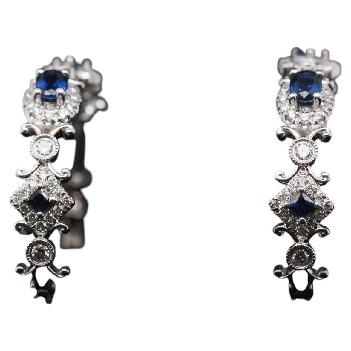 Estate 14K White Gold Sapphire and Diamond Hoop Earrings - VHK#308b