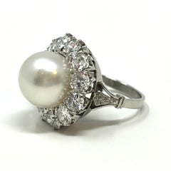 Nachlass 14K Weißgold Südseeperlen- und Diamantring, um 1950