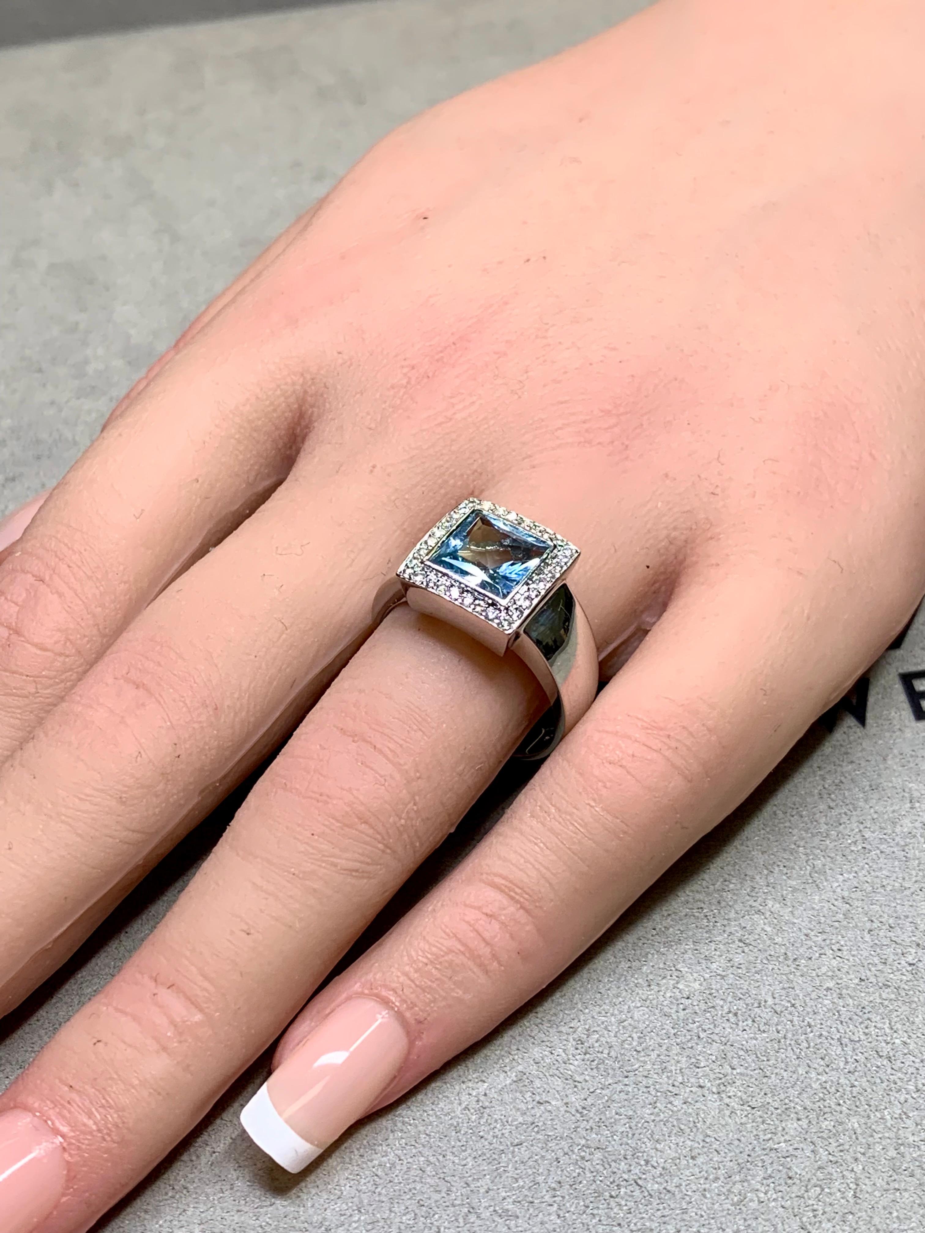 Estate 14K White Gold Square Aquamarine Diamond Cocktail Ring For Sale 4