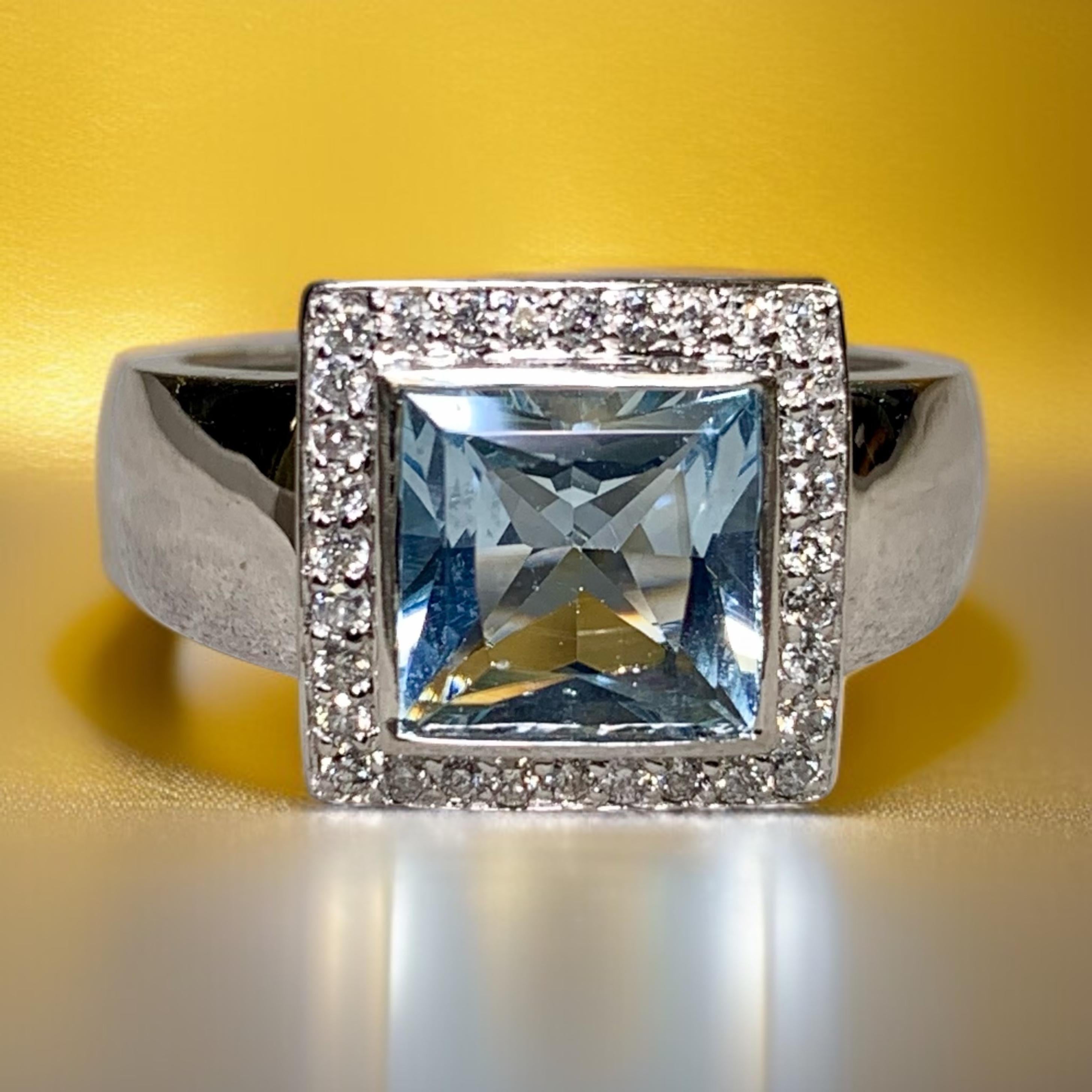 Estate 14K White Gold Square Aquamarine Diamond Cocktail Ring For Sale 5