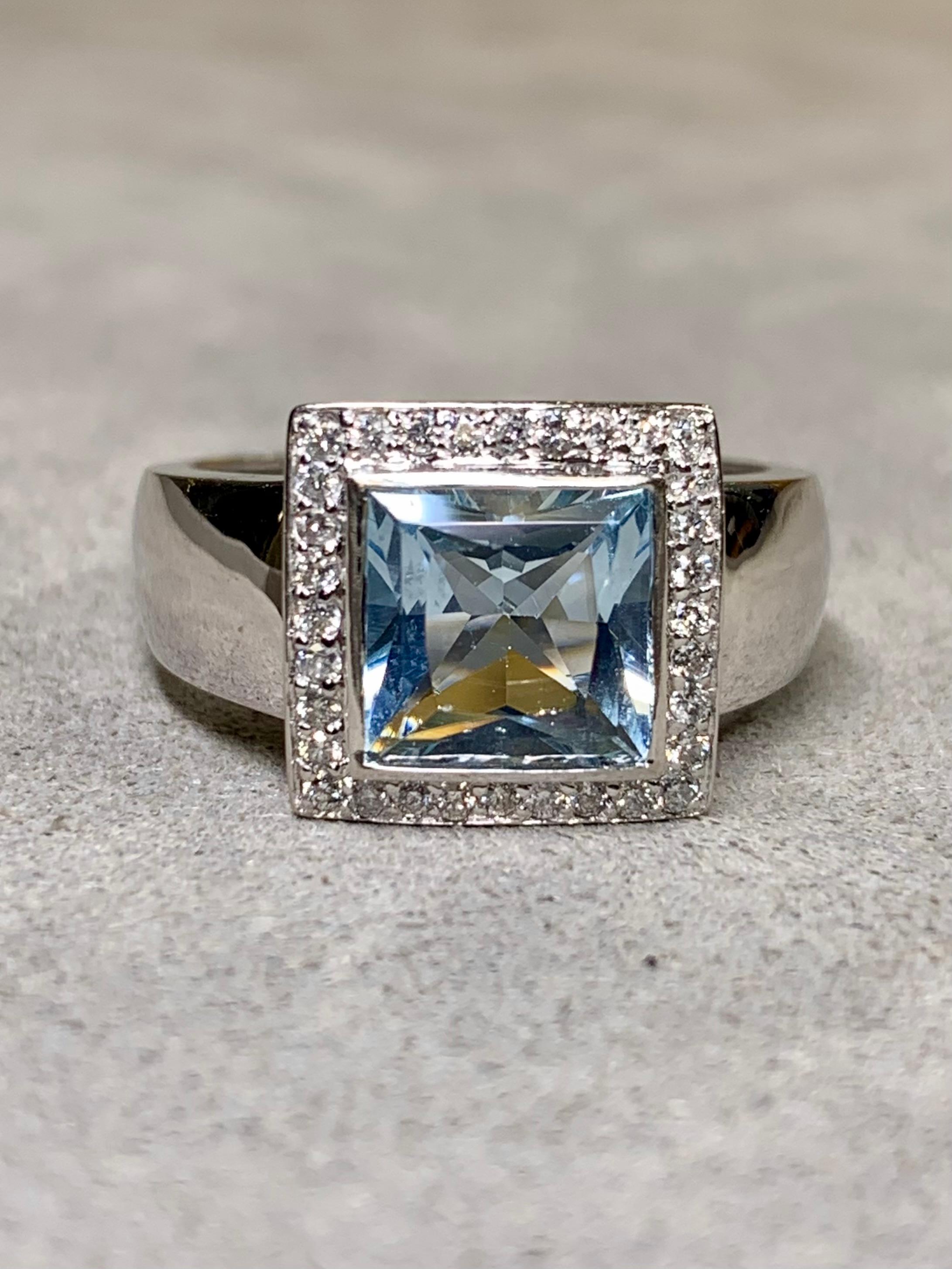Square Cut Estate 14K White Gold Square Aquamarine Diamond Cocktail Ring For Sale