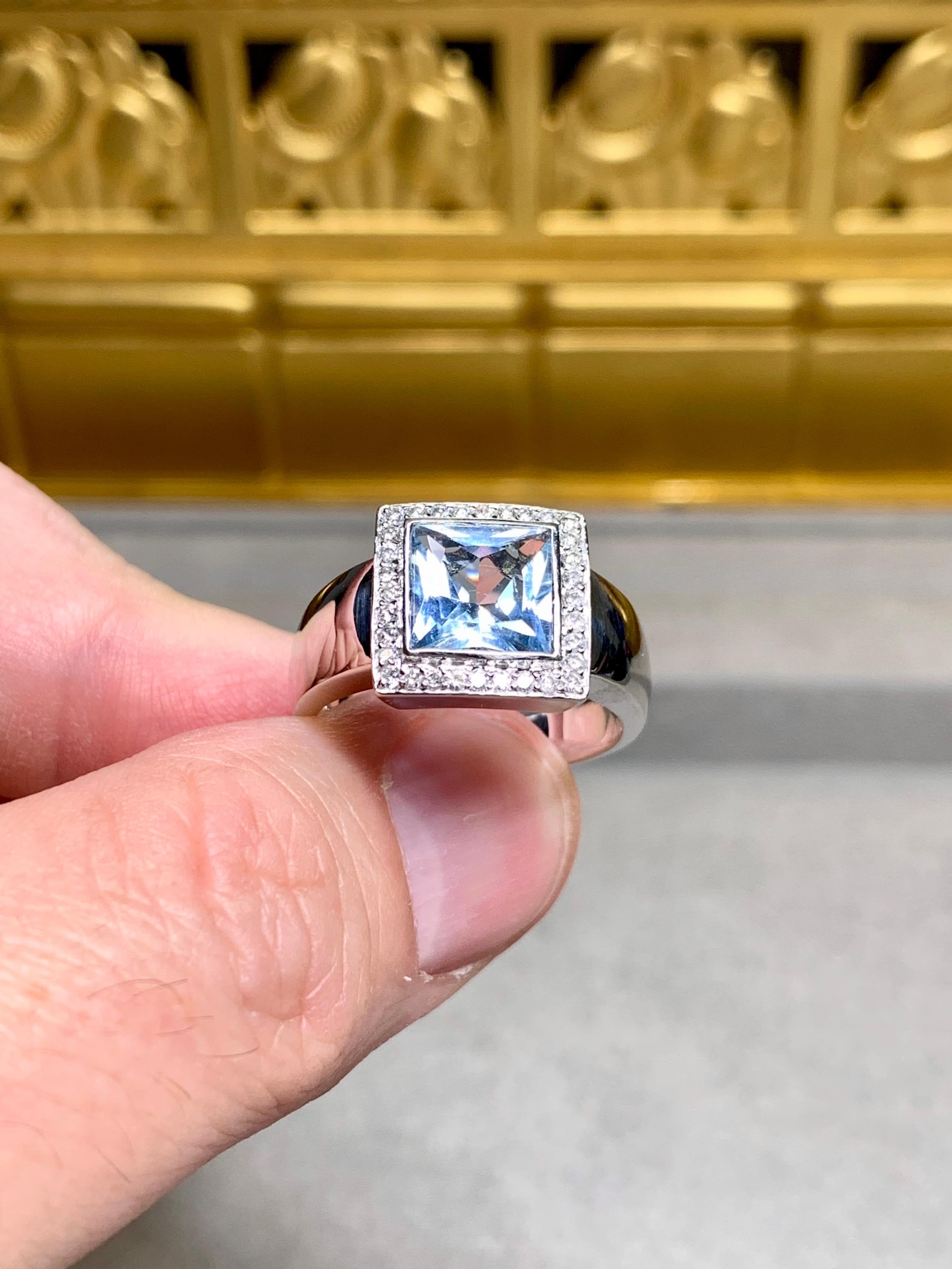 Women's or Men's Estate 14K White Gold Square Aquamarine Diamond Cocktail Ring For Sale