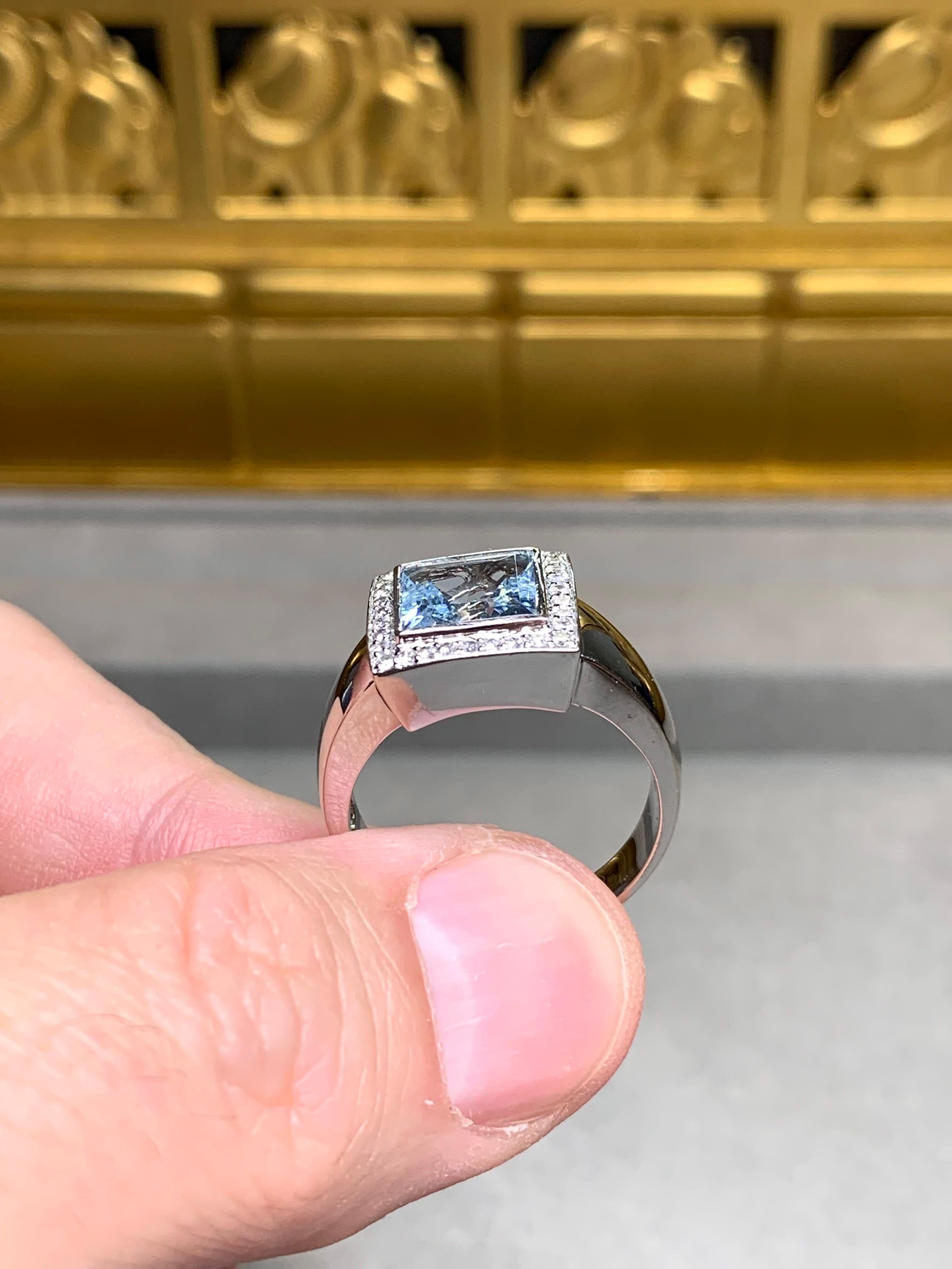 Estate 14K White Gold Square Aquamarine Diamond Cocktail Ring For Sale 1