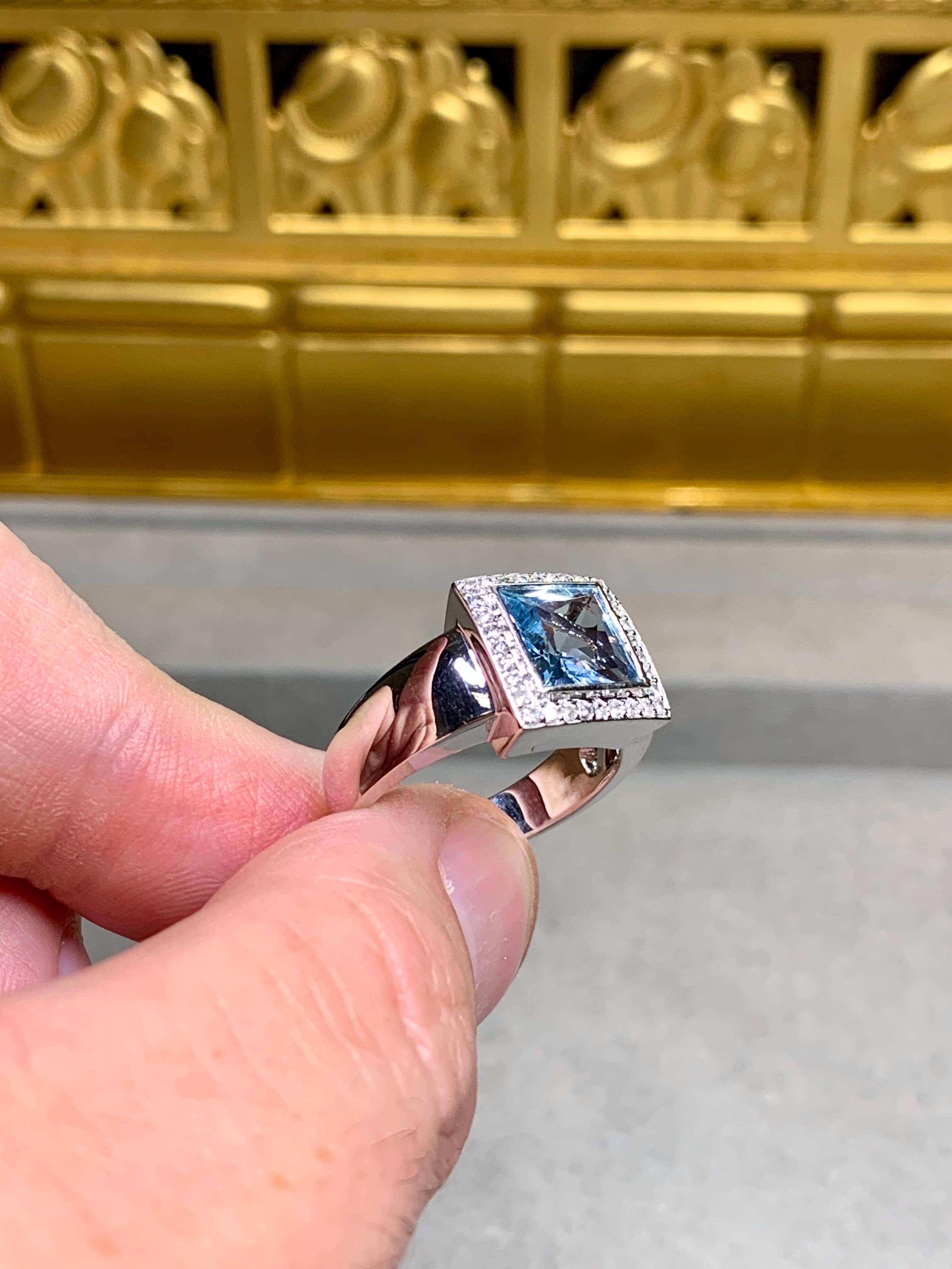Estate 14K White Gold Square Aquamarine Diamond Cocktail Ring For Sale 2