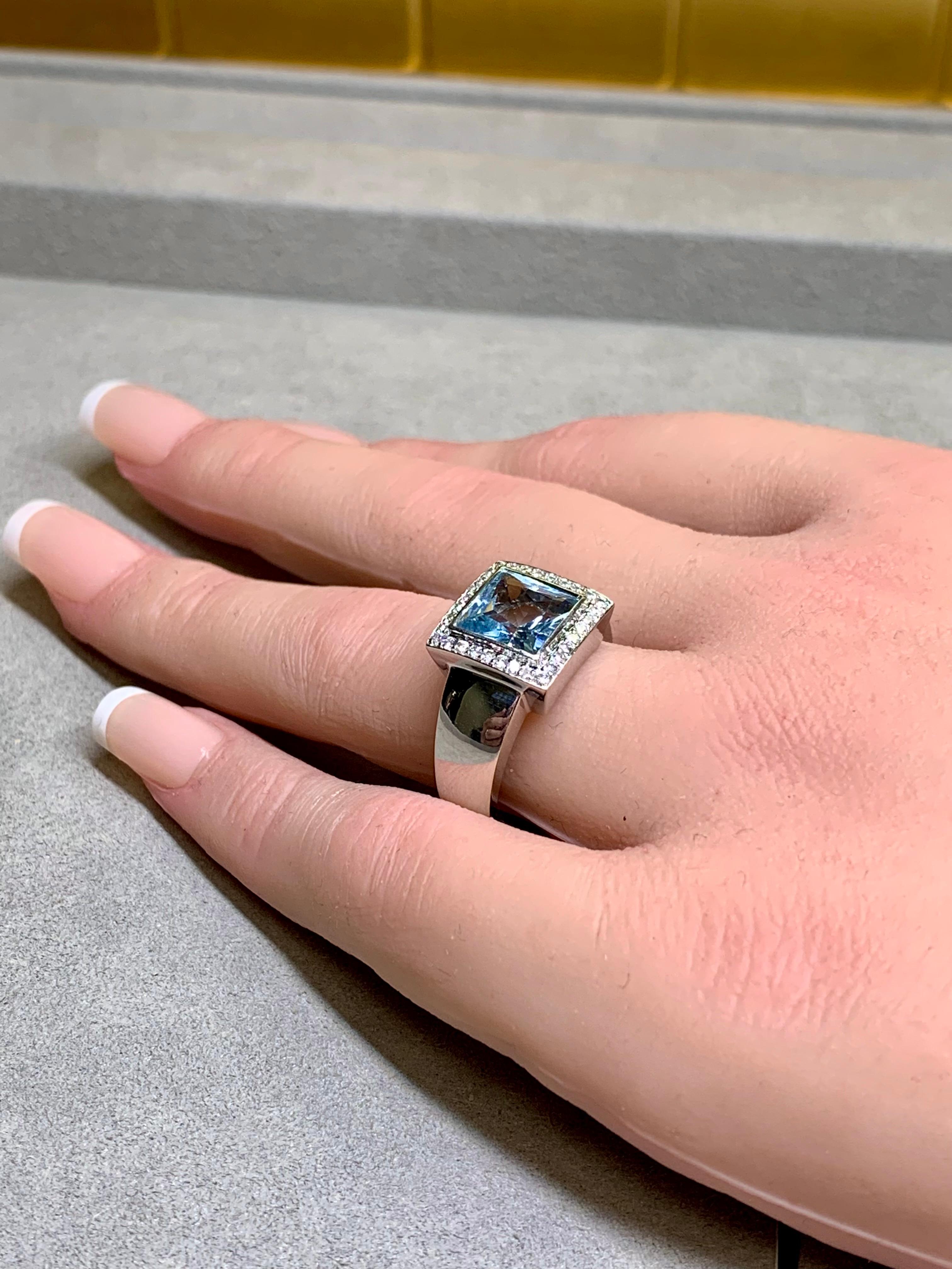 Estate 14K White Gold Square Aquamarine Diamond Cocktail Ring For Sale 3