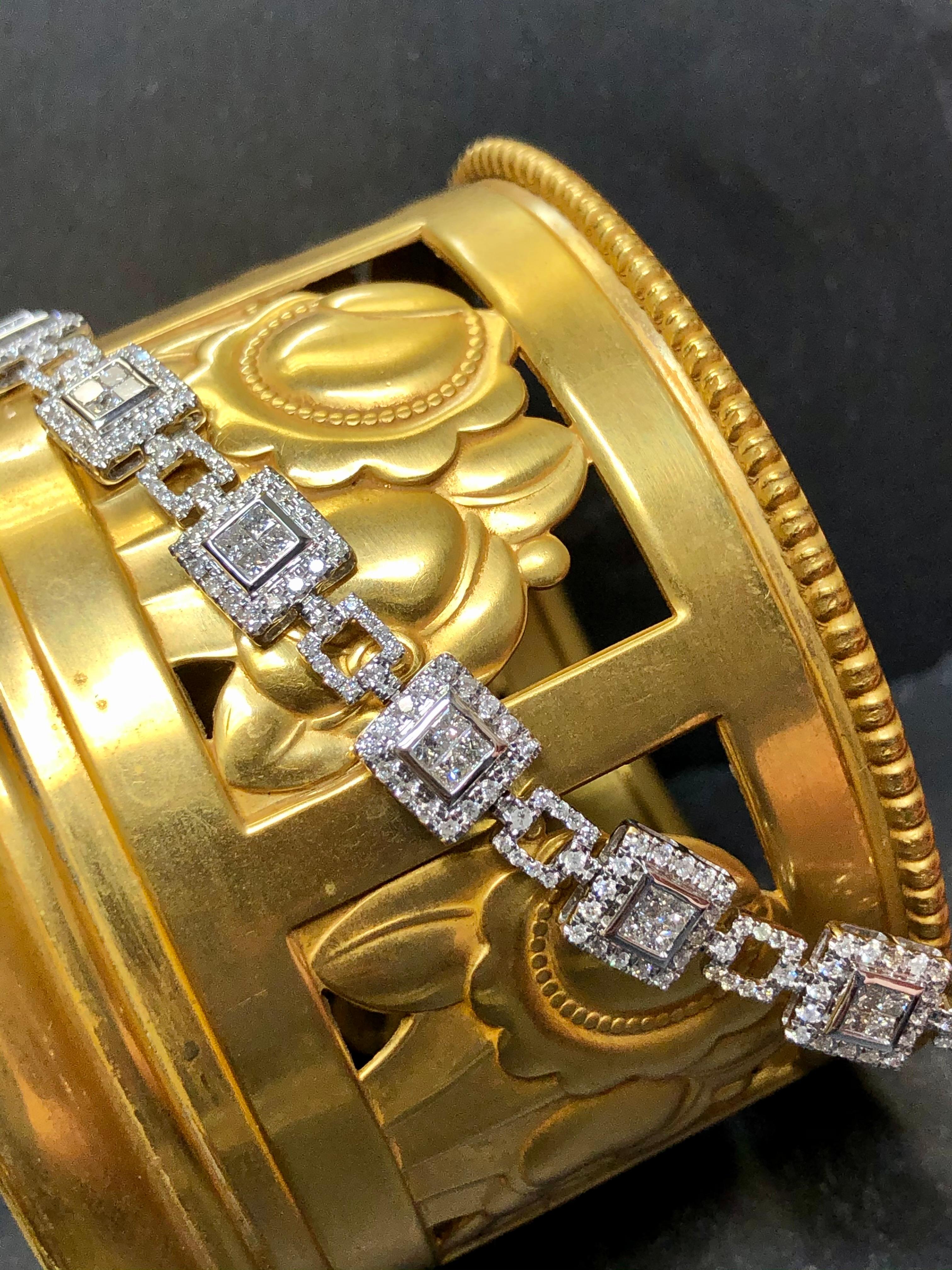 Princess Cut Estate 14K White Gold Square Princess Round Diamond Line Bracelet 5.10cttw 6.90” For Sale