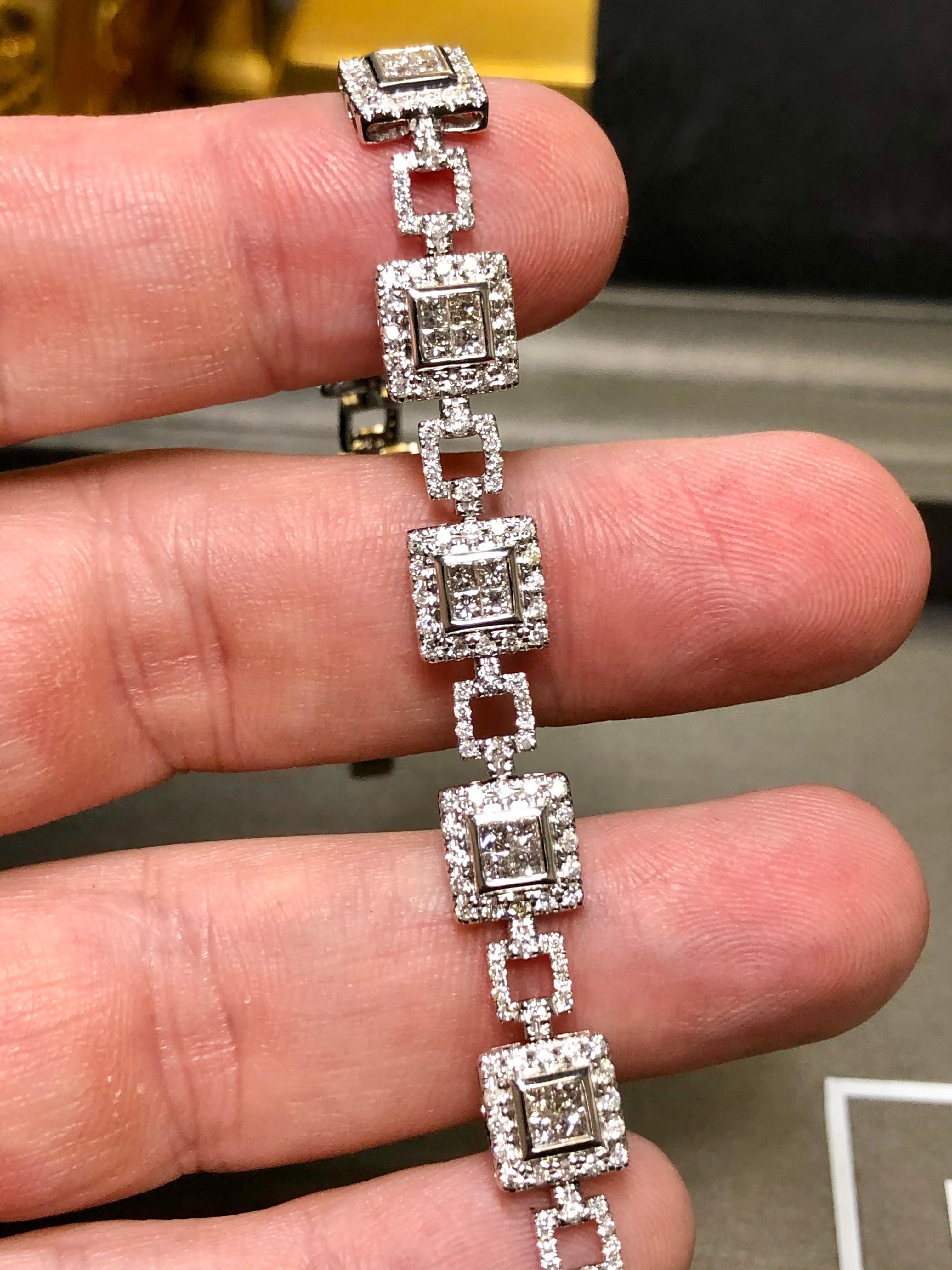 Women's or Men's Estate 14K White Gold Square Princess Round Diamond Line Bracelet 5.10cttw 6.90” For Sale