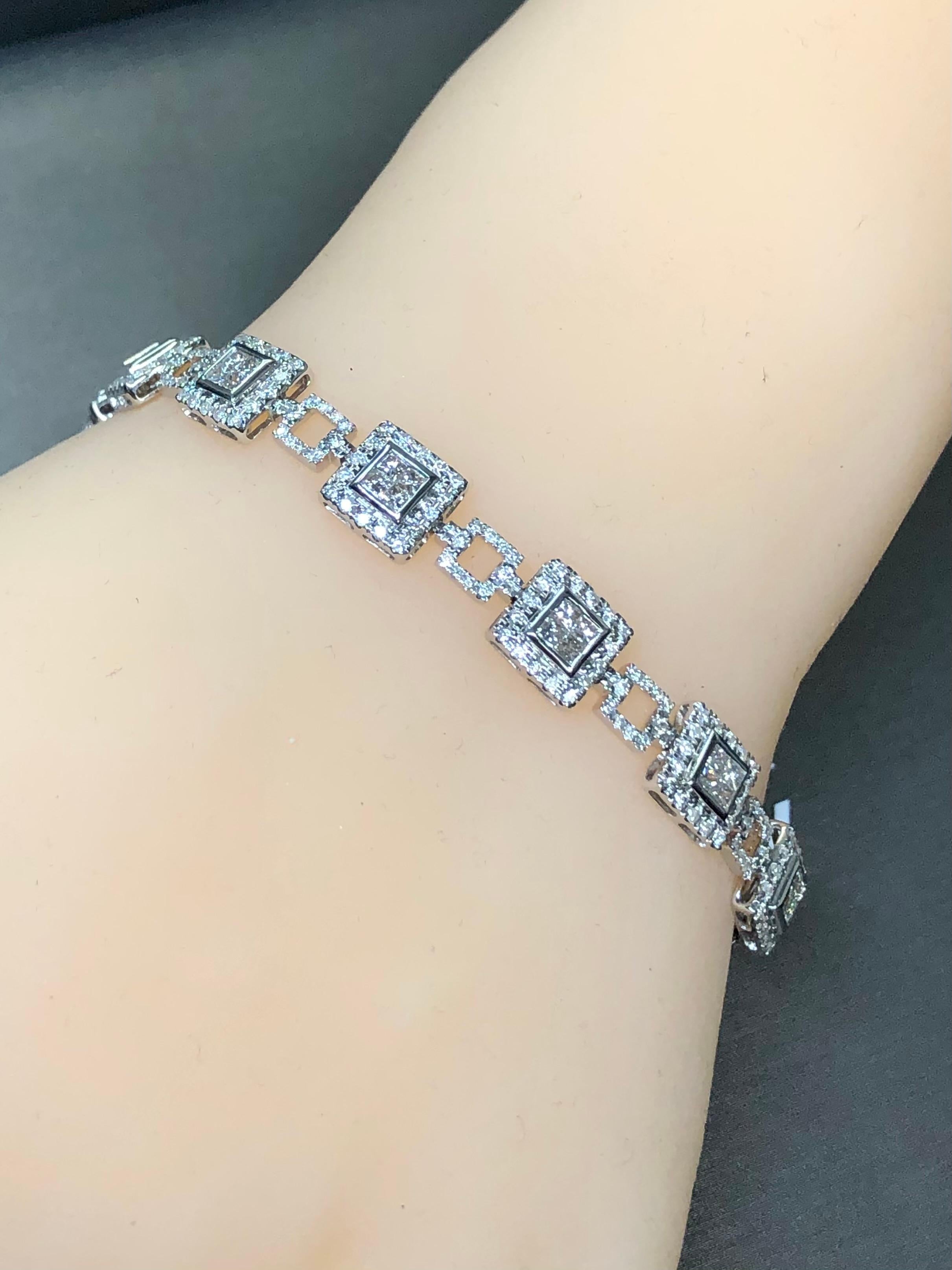 Estate 14K White Gold Square Princess Round Diamond Line Bracelet 5.10cttw 6.90” For Sale 2
