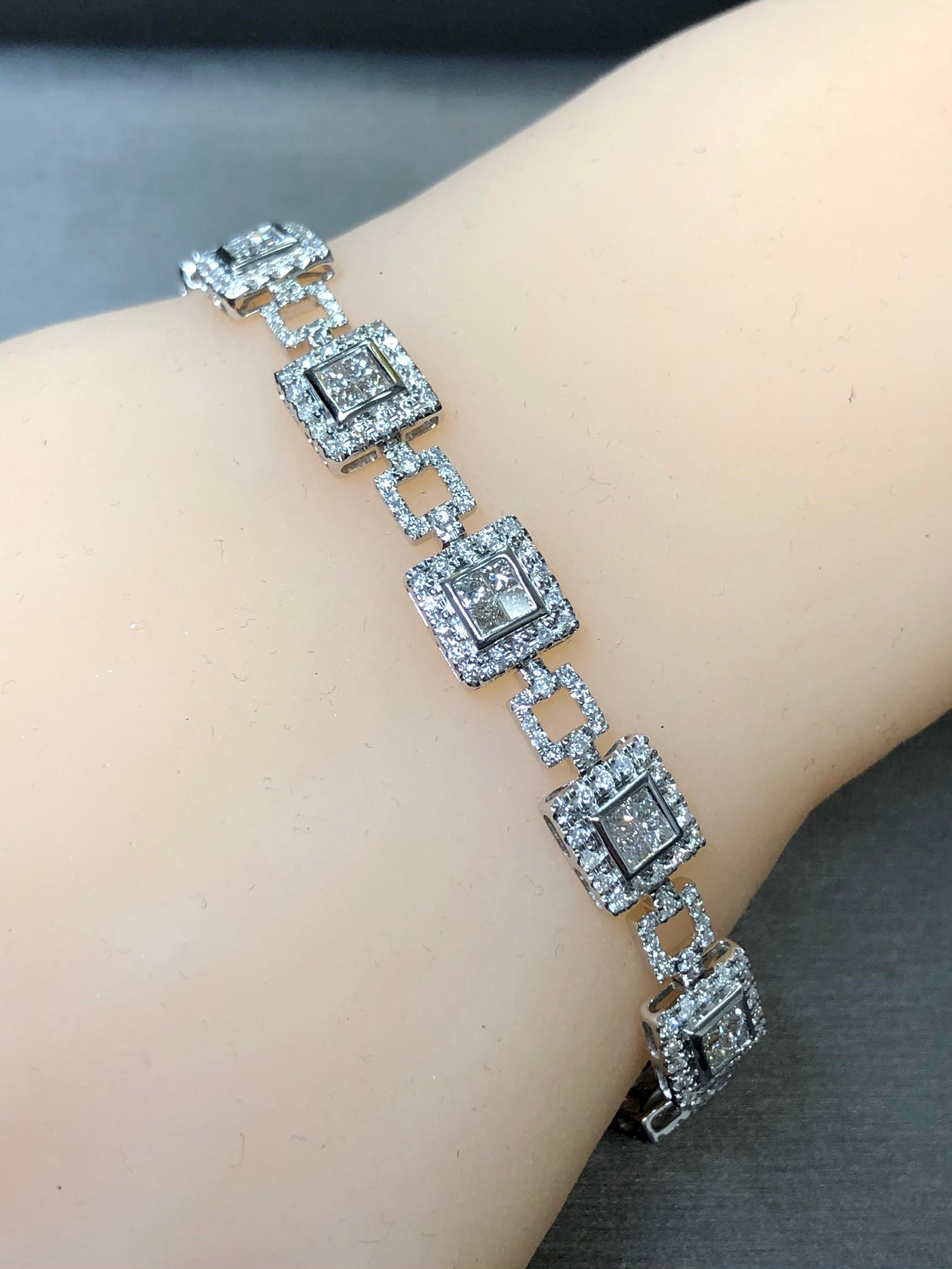 Estate 14K White Gold Square Princess Round Diamond Line Bracelet 5.10cttw 6.90” For Sale 3