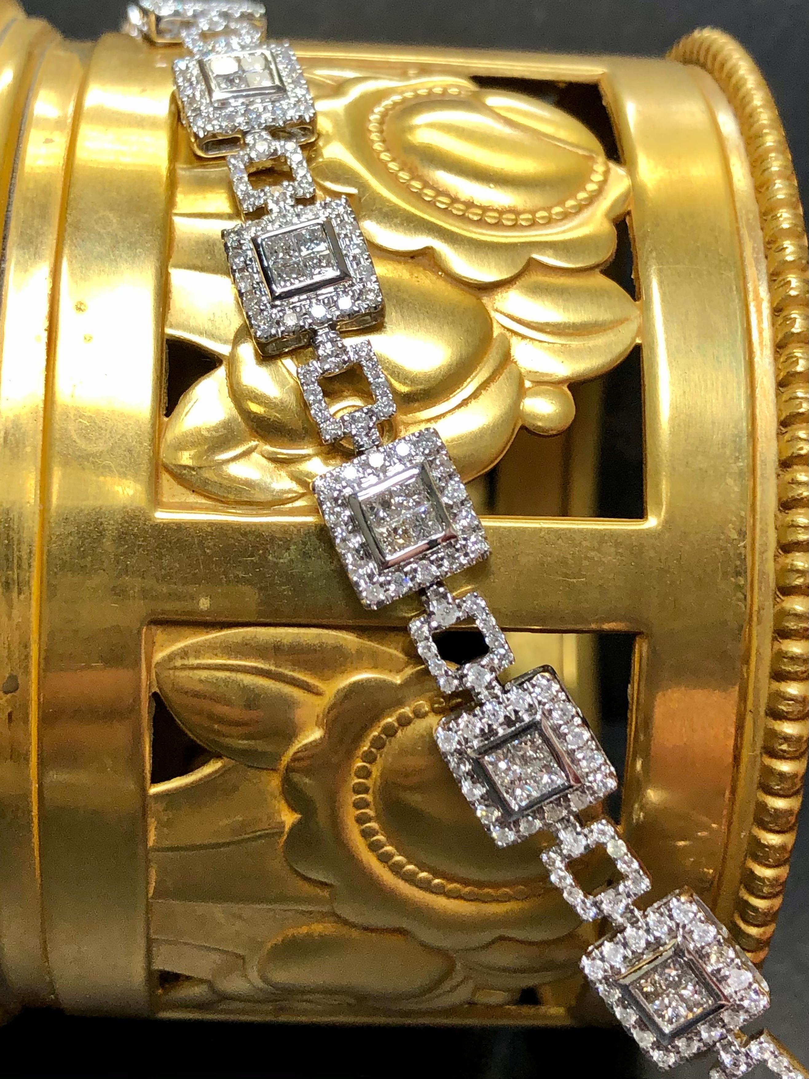 Estate 14K White Gold Square Princess Round Diamond Line Bracelet 5.10cttw 6.90”