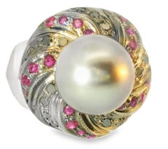 Estate 14K White Gold Tahitian Black Pearl Diamond Ruby Ring Band