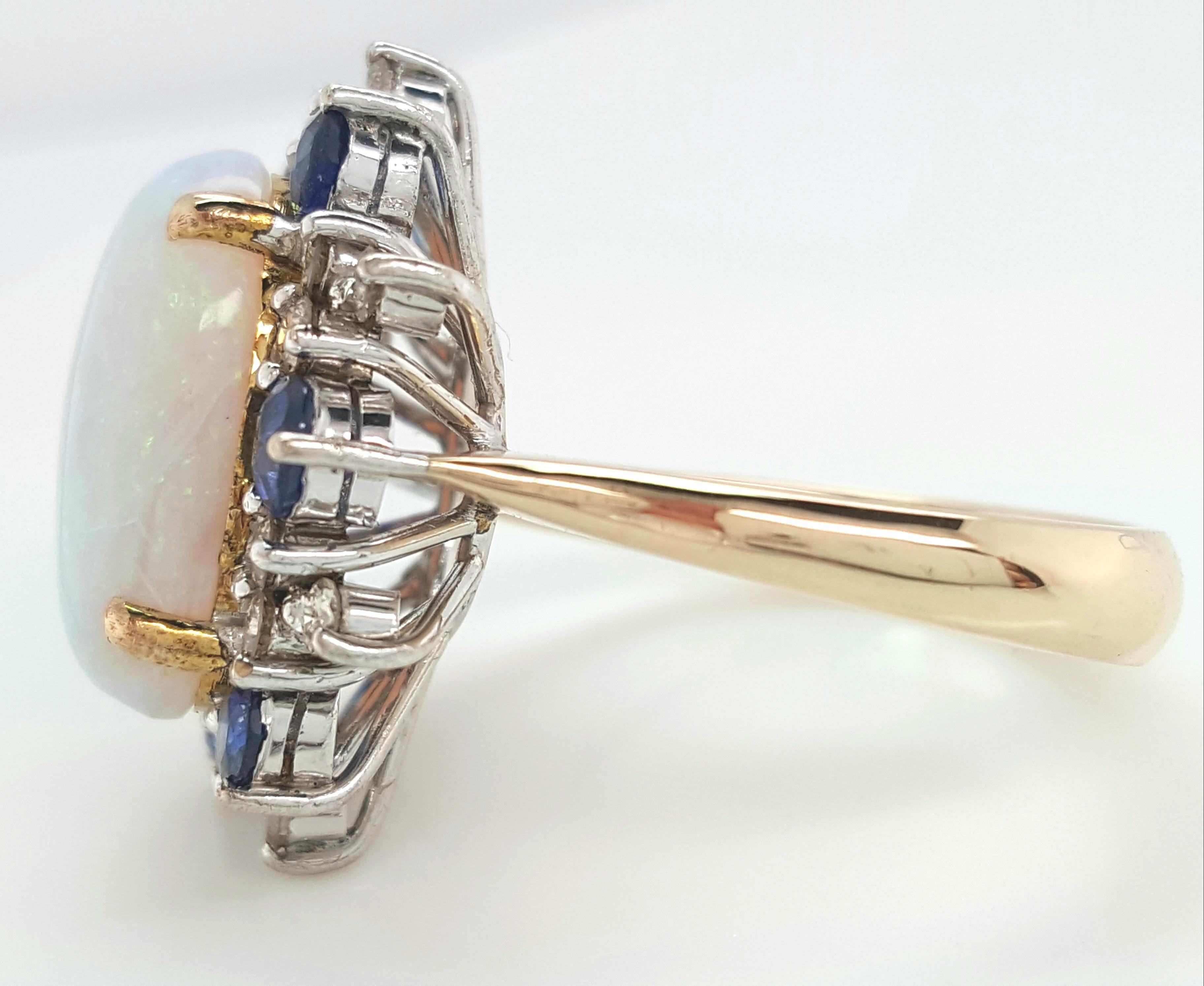 Estate 14 Karat Yellow and White Gold Opal Sapphire and Diamond Cocktail Ring In Good Condition For Sale In Addison, TX