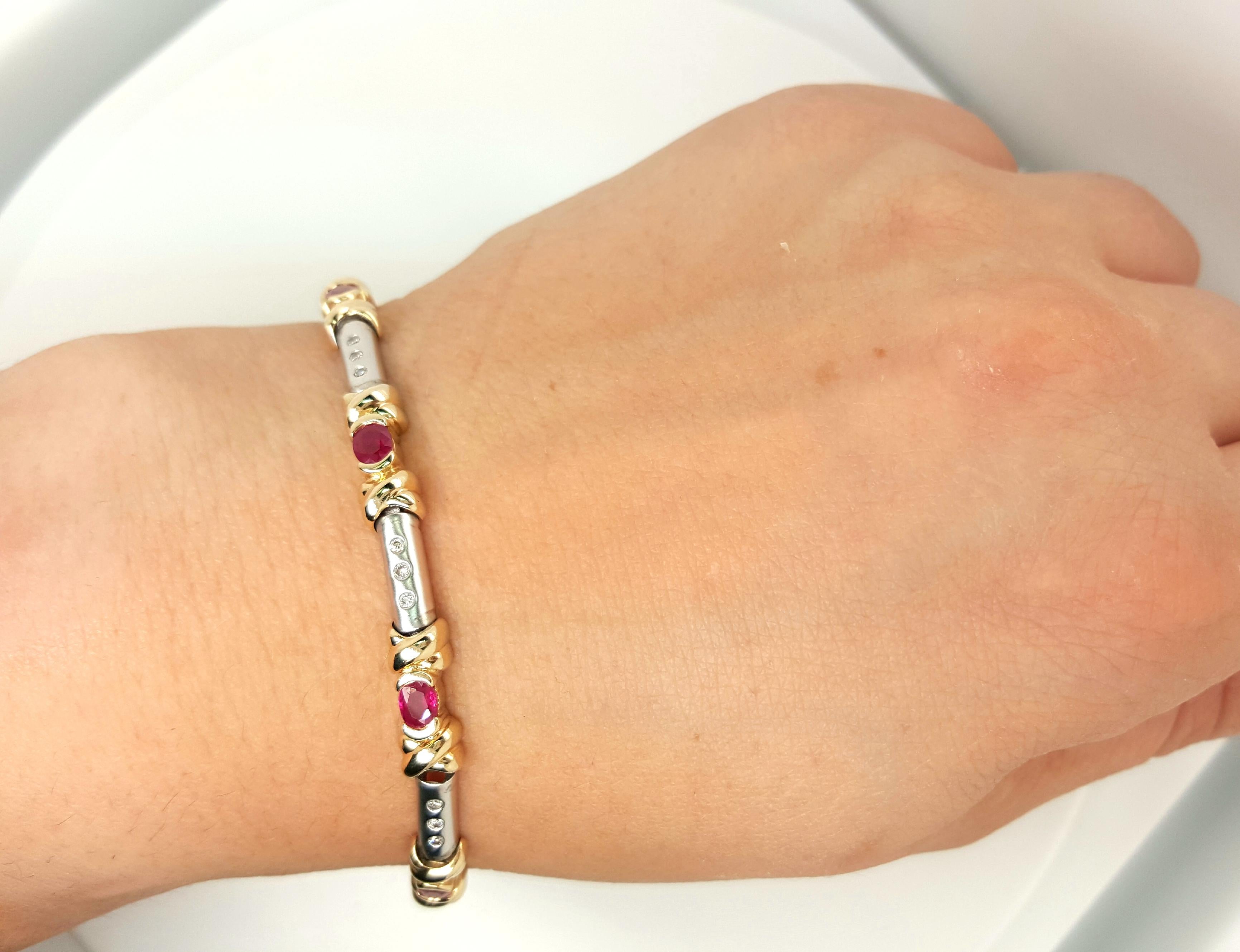 Estate 14 Karat Yellow and White Gold Oval Ruby Diamond Bracelet For Sale 4