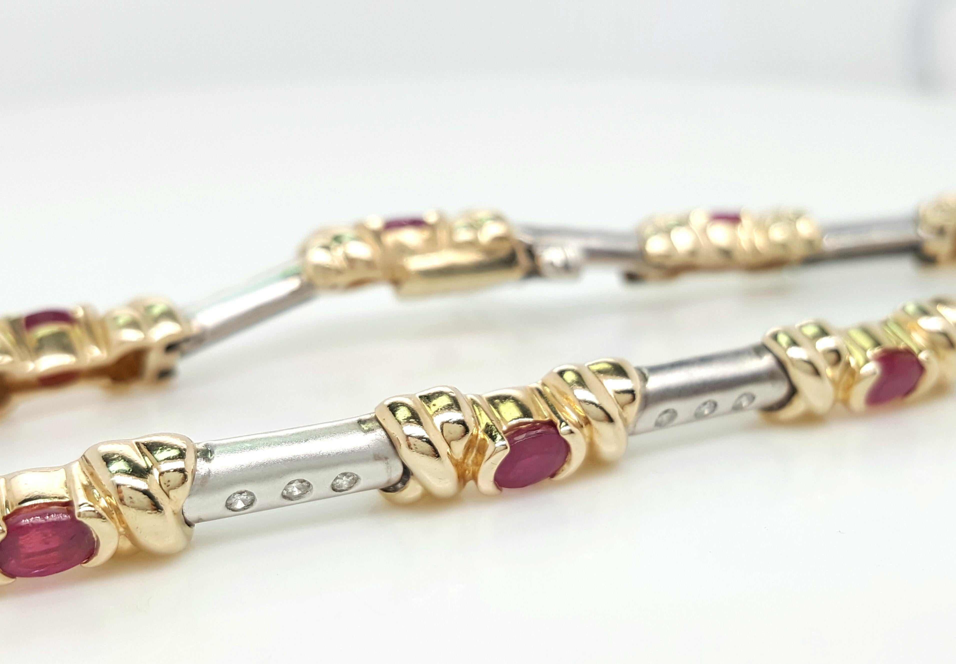 Contemporary Estate 14 Karat Yellow and White Gold Oval Ruby Diamond Bracelet For Sale