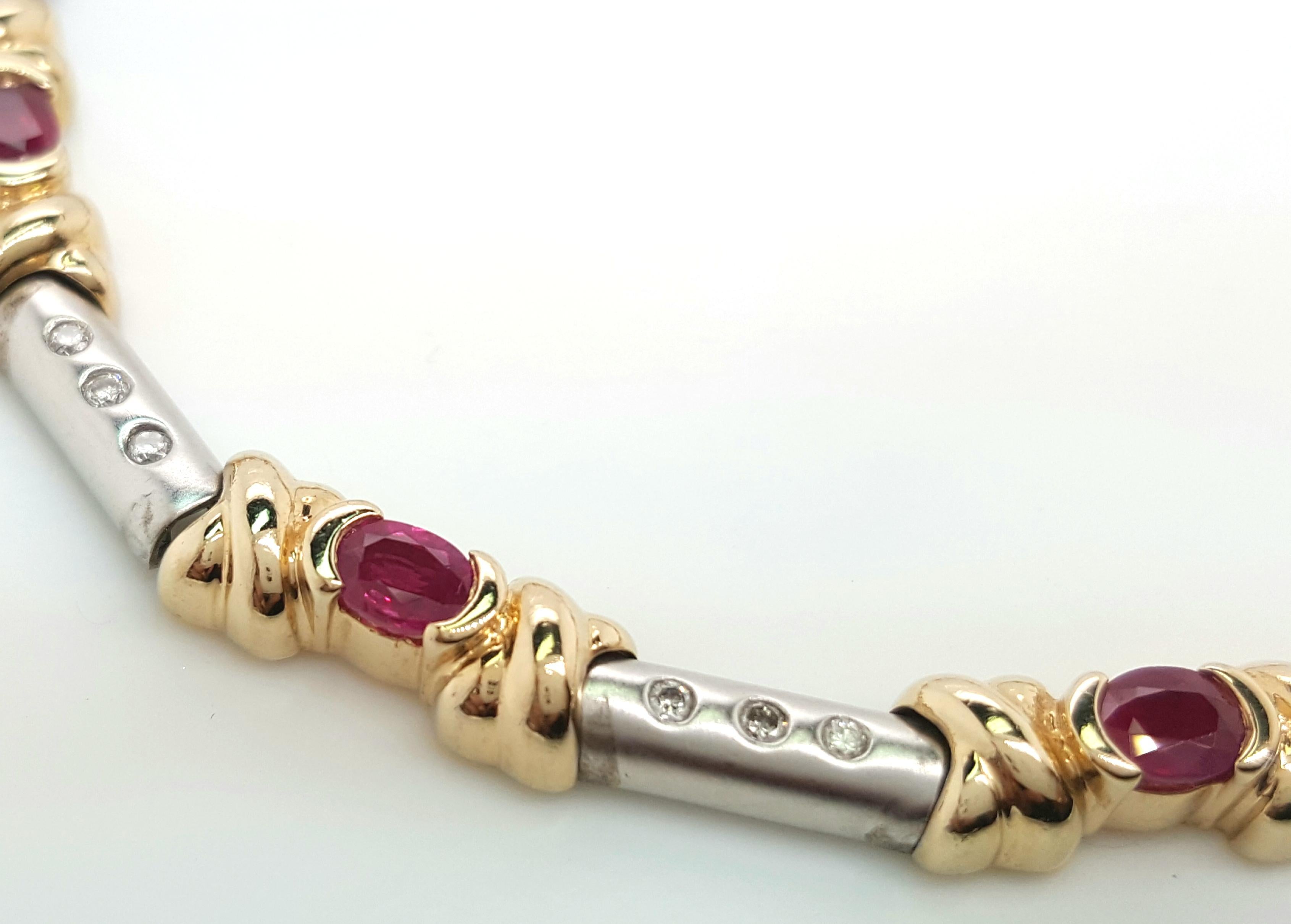 Oval Cut Estate 14 Karat Yellow and White Gold Oval Ruby Diamond Bracelet For Sale