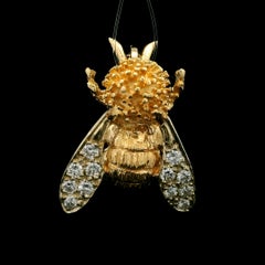 Estate 14k Yellow Gold 0.20ctw Diamond Detailed Bumble Bee Fly Pin Brooch