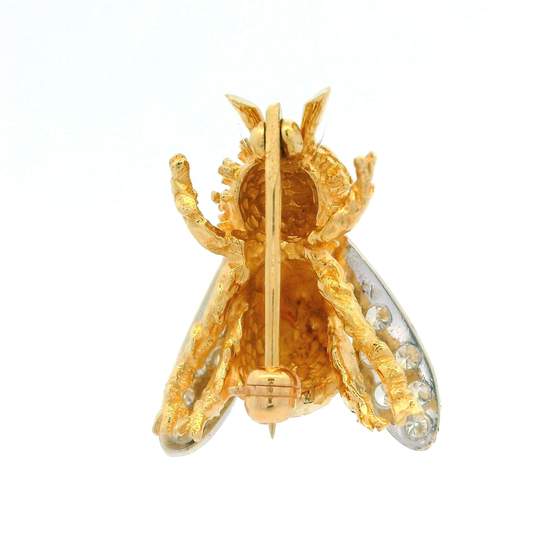 Estate 14k Yellow Gold 0.20ctw Diamond Detailed Bumble Bee Fly Pin Brooch For Sale 2