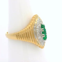 Estate 14k Yellow Gold 0.38ctw Diamond & Emerald Grooved Navette Cocktail Ring