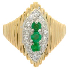 Estate 14k Yellow Gold 0.38ctw Diamond & Emerald Grooved Navette Cocktail Ring