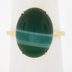 Estate 14k Yellow Gold Oval Cabochon Green Banded Agate Solitaire Ring