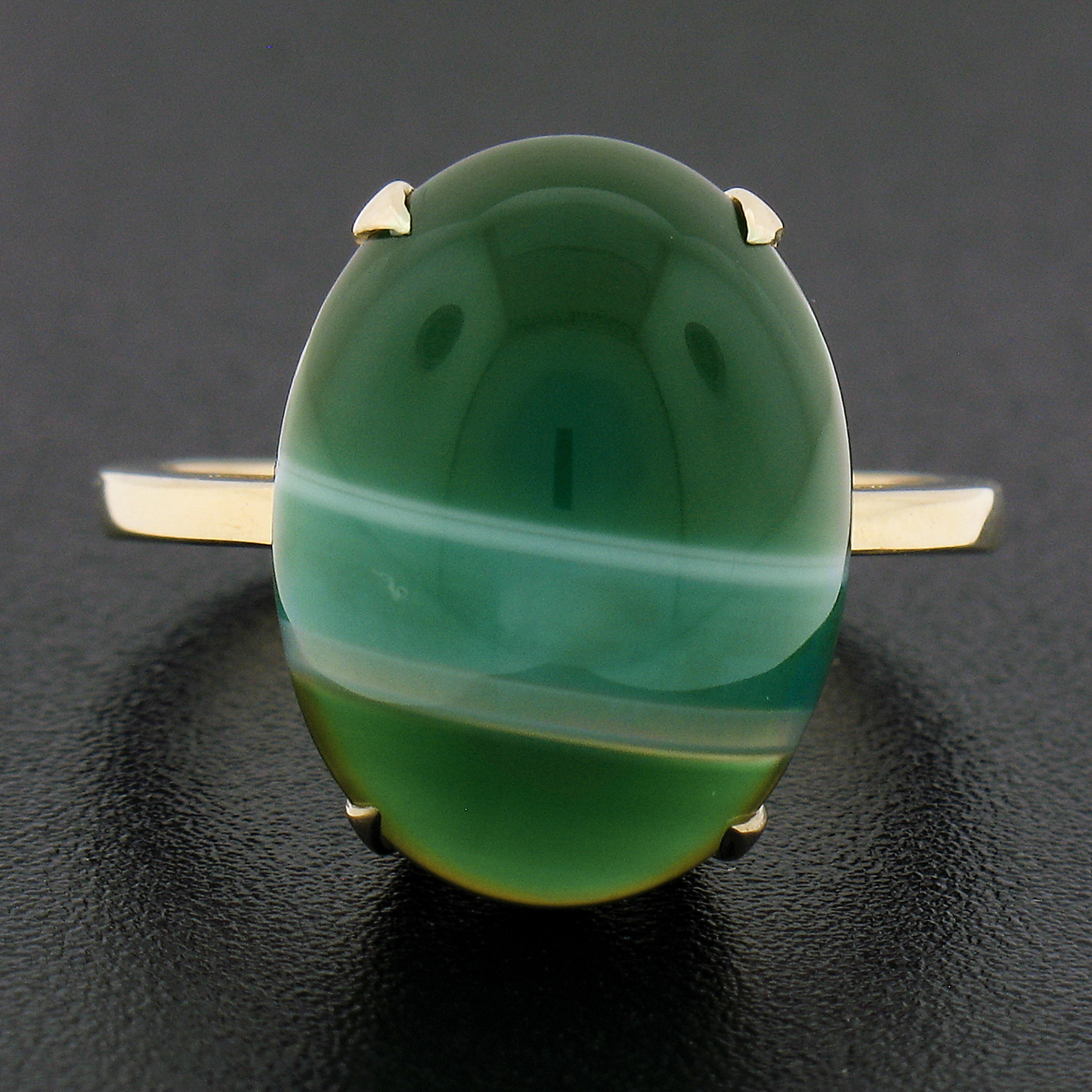 Oval Cut Estate 14k Yellow Gold Oval Cabochon Green Banded Agate Solitaire Ring For Sale
