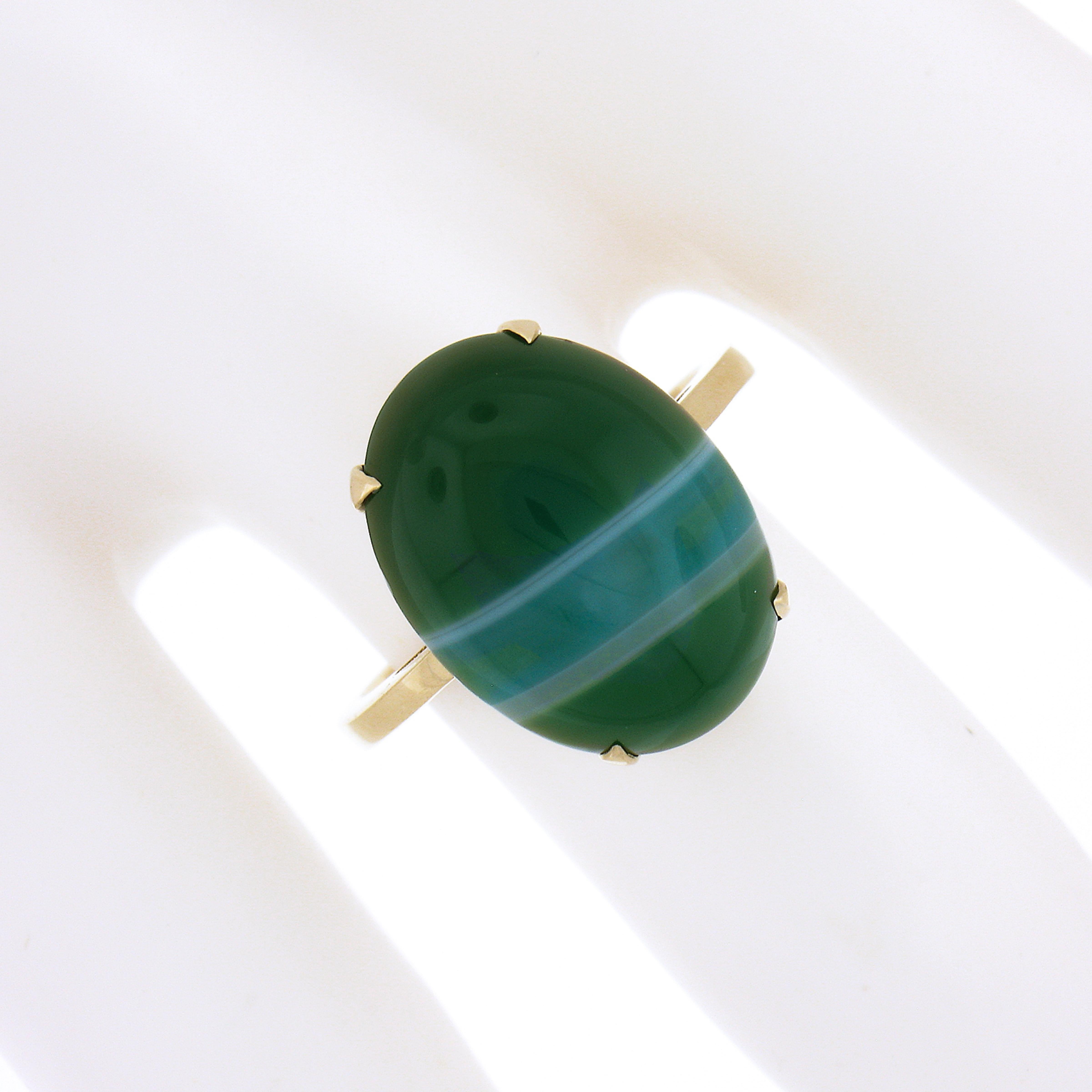 Estate 14k Yellow Gold Oval Cabochon Green Banded Agate Solitaire Ring In Excellent Condition For Sale In Montclair, NJ