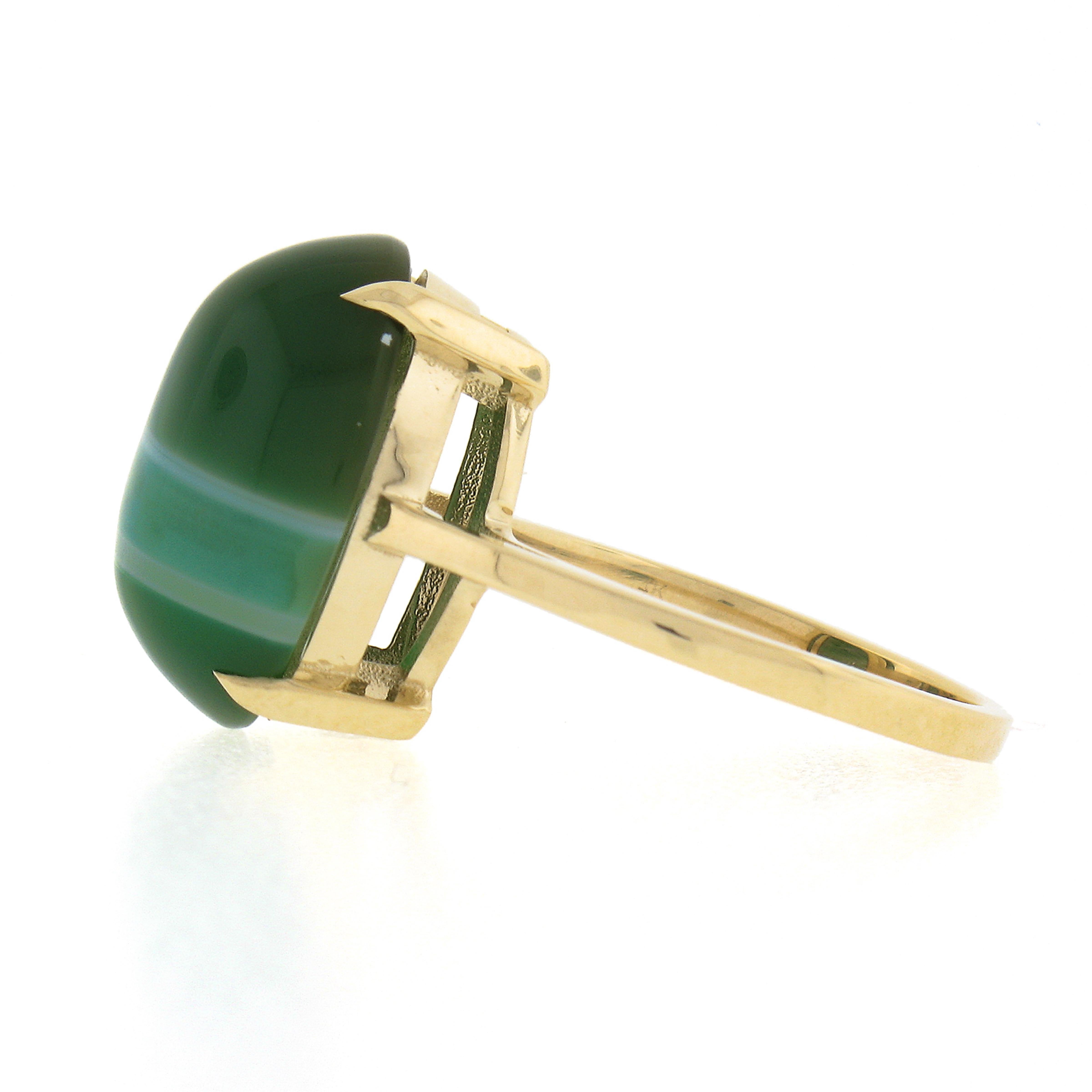 Estate 14k Yellow Gold Oval Cabochon Green Banded Agate Solitaire Ring For Sale 1