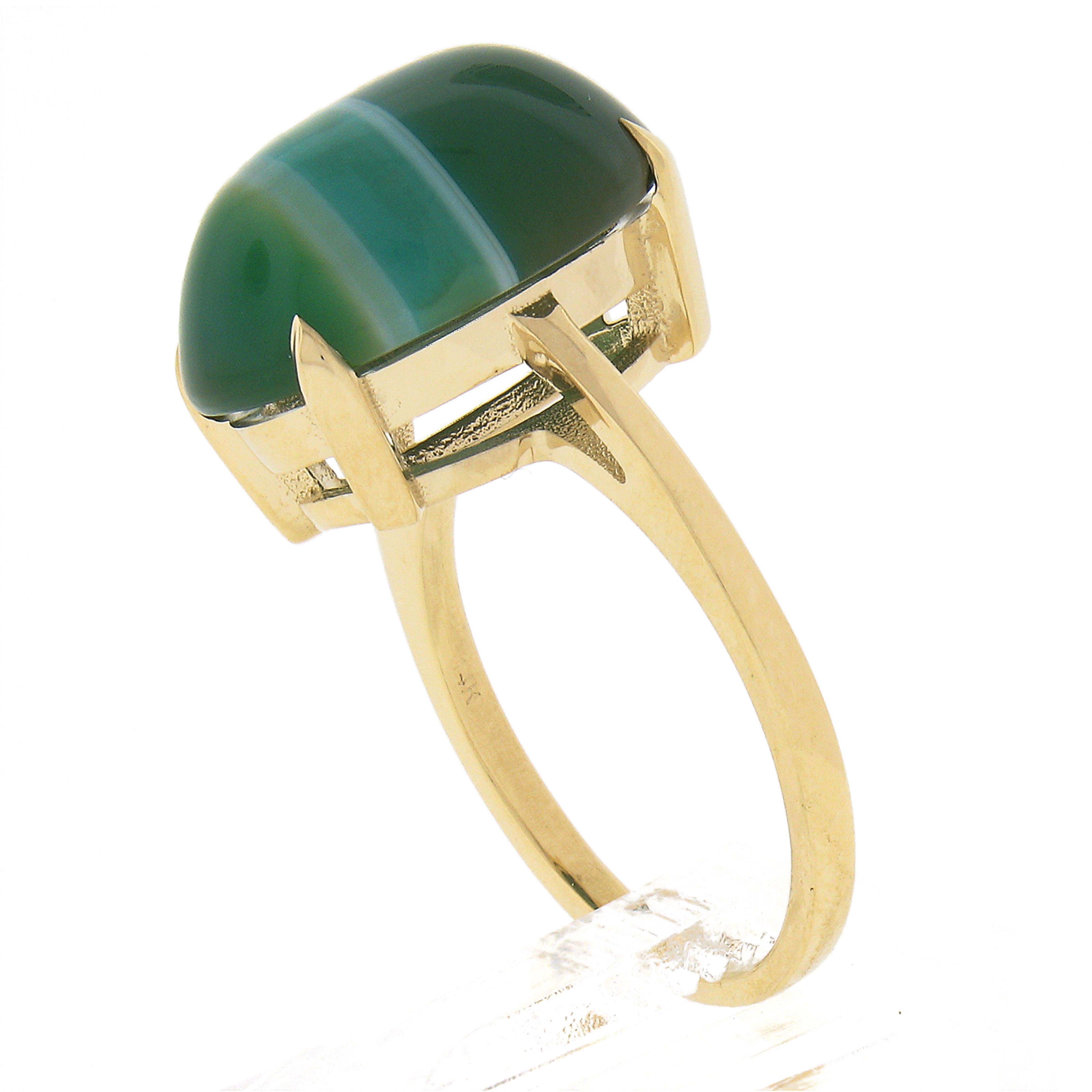 Estate 14k Yellow Gold Oval Cabochon Green Banded Agate Solitaire Ring For Sale 4