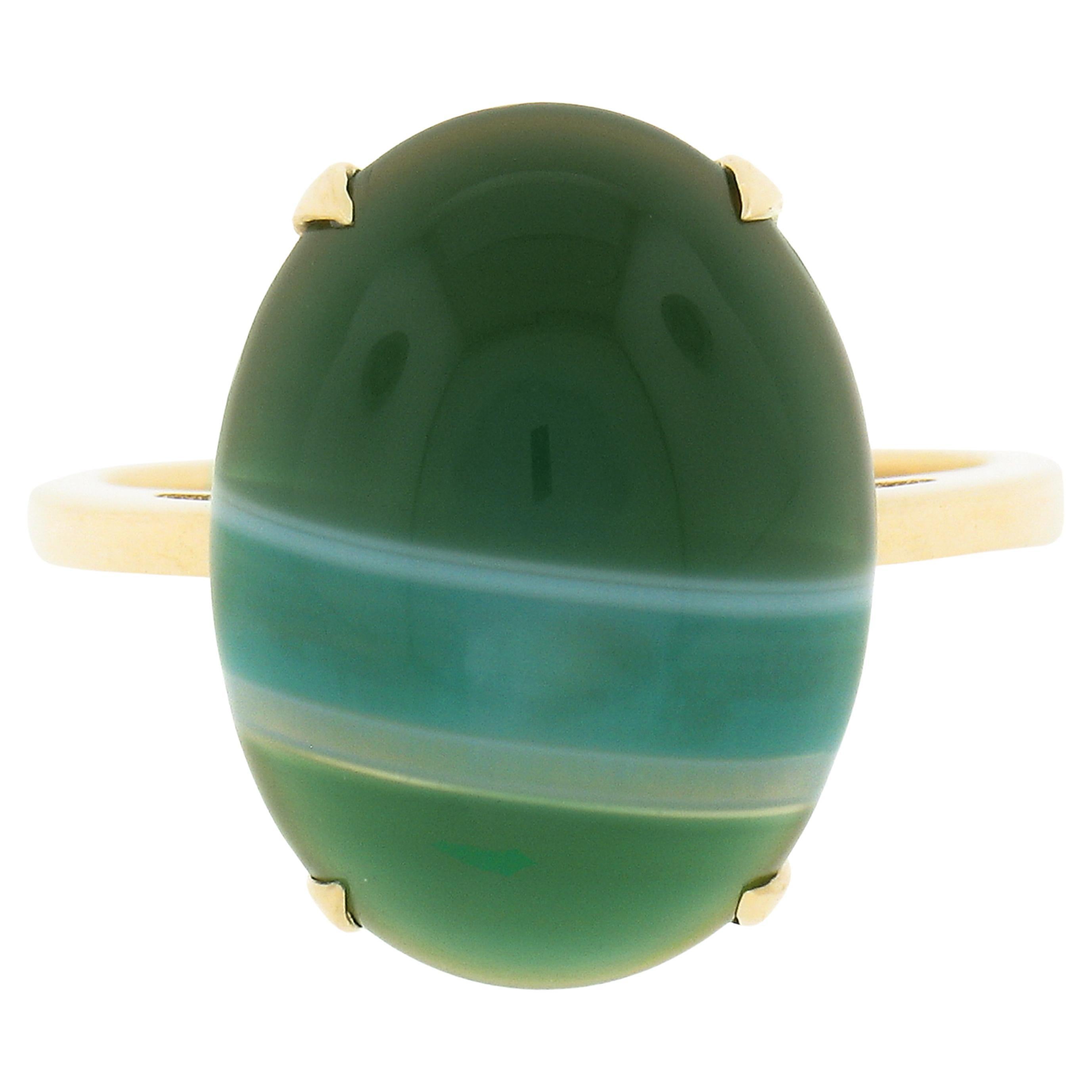 Estate 14k Yellow Gold Oval Cabochon Green Banded Agate Solitaire Ring For Sale