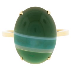 Estate 14k Yellow Gold Oval Cabochon Green Banded Agate Solitaire Ring