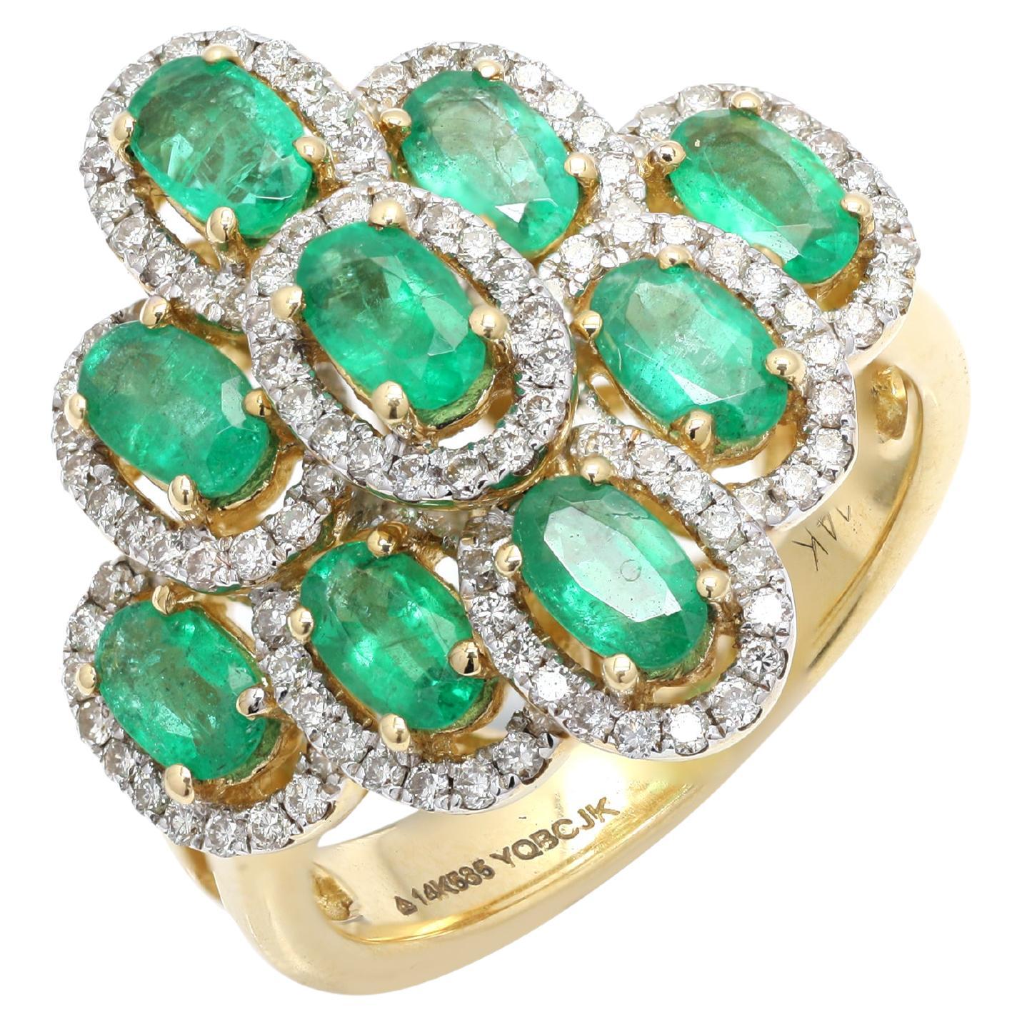 For Sale:  Estate 14k Yellow Gold 2.25 Carat Diamond Emerald Ring Cluster Cocktail Ring