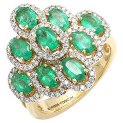 Estate 14k Yellow Gold 2.25 Carat Diamond Emerald Ring Cluster Cocktail Ring
