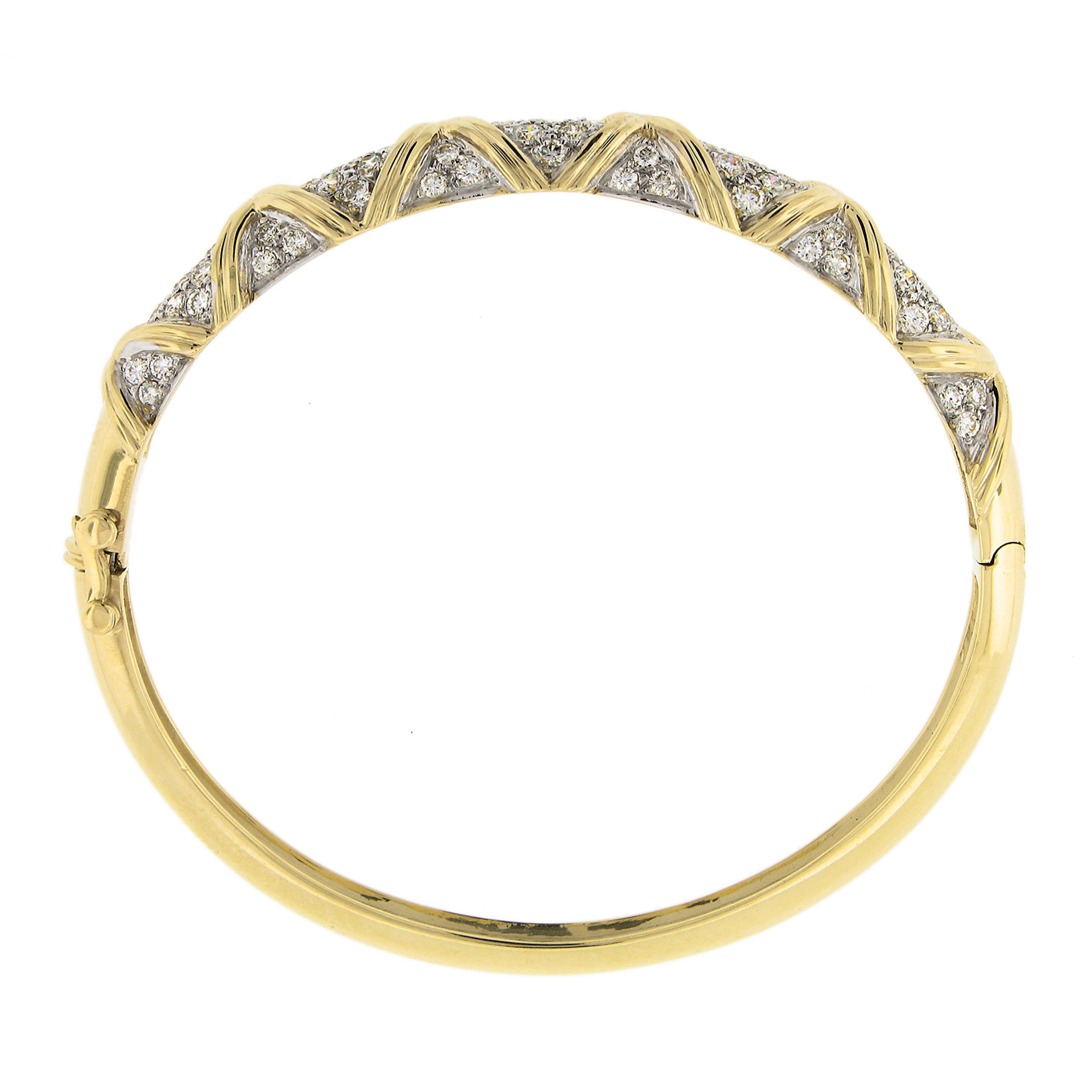Estate 14k Yellow Gold 2.65ct Round Pave Diamond Figure X Hinged Bangle Bracelet For Sale 1