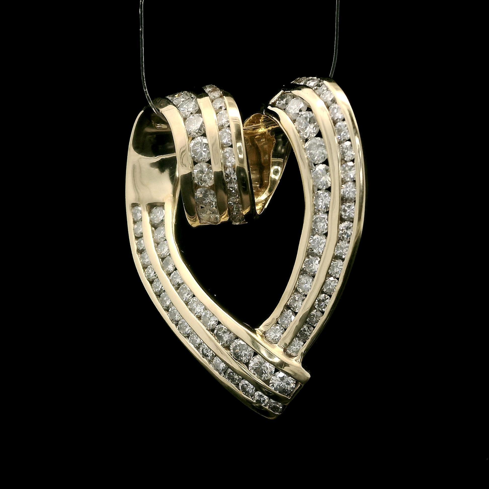 Brilliant Cut Estate 14k Yellow Gold 2ctw Fiery Diamond Large Open Heart Slide Pendant For Sale