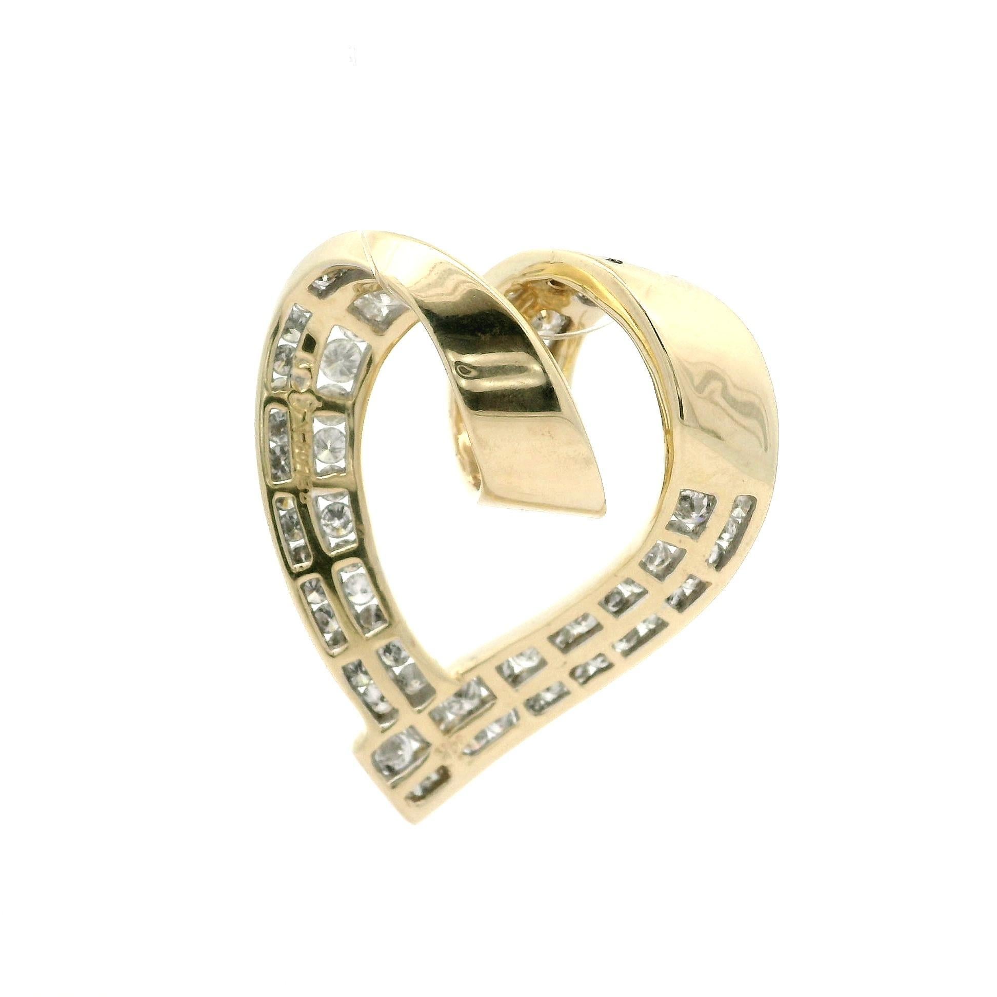 Estate 14k Yellow Gold 2ctw Fiery Diamond Large Open Heart Slide Pendant For Sale 4
