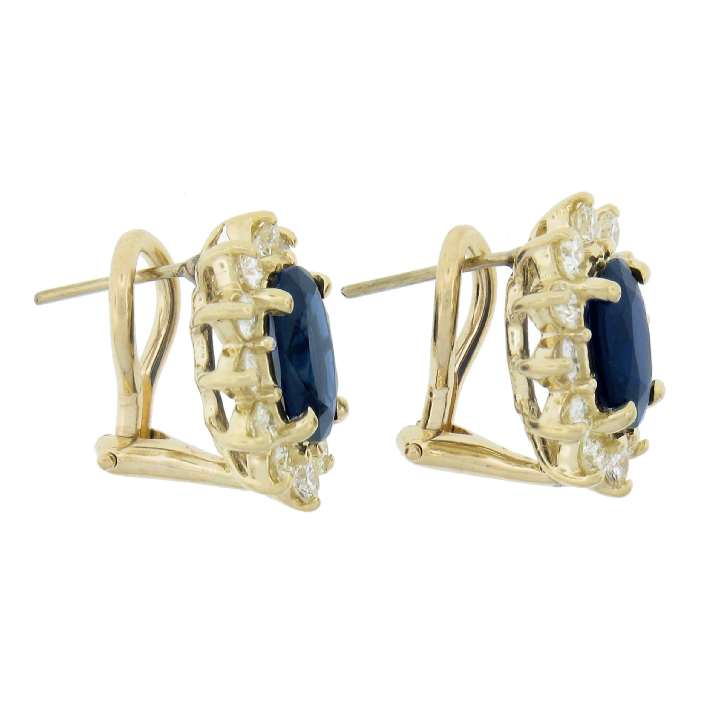 Oval Cut Estate 14k Yellow Gold 4.40ctw Oval Sapphire & Round Diamond Omega Earrings