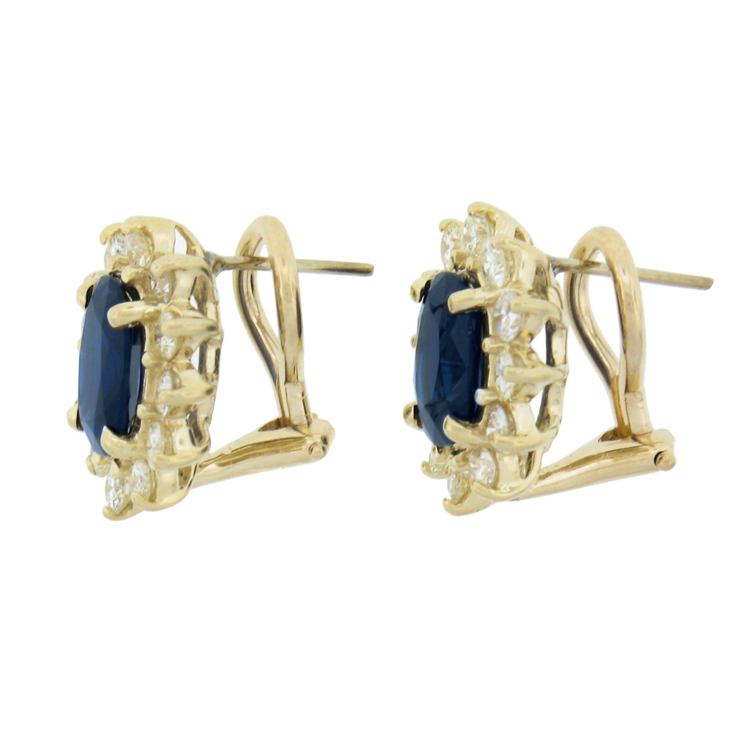 Estate 14k Yellow Gold 4.40ctw Oval Sapphire & Round Diamond Omega Earrings In Excellent Condition In Montclair, NJ
