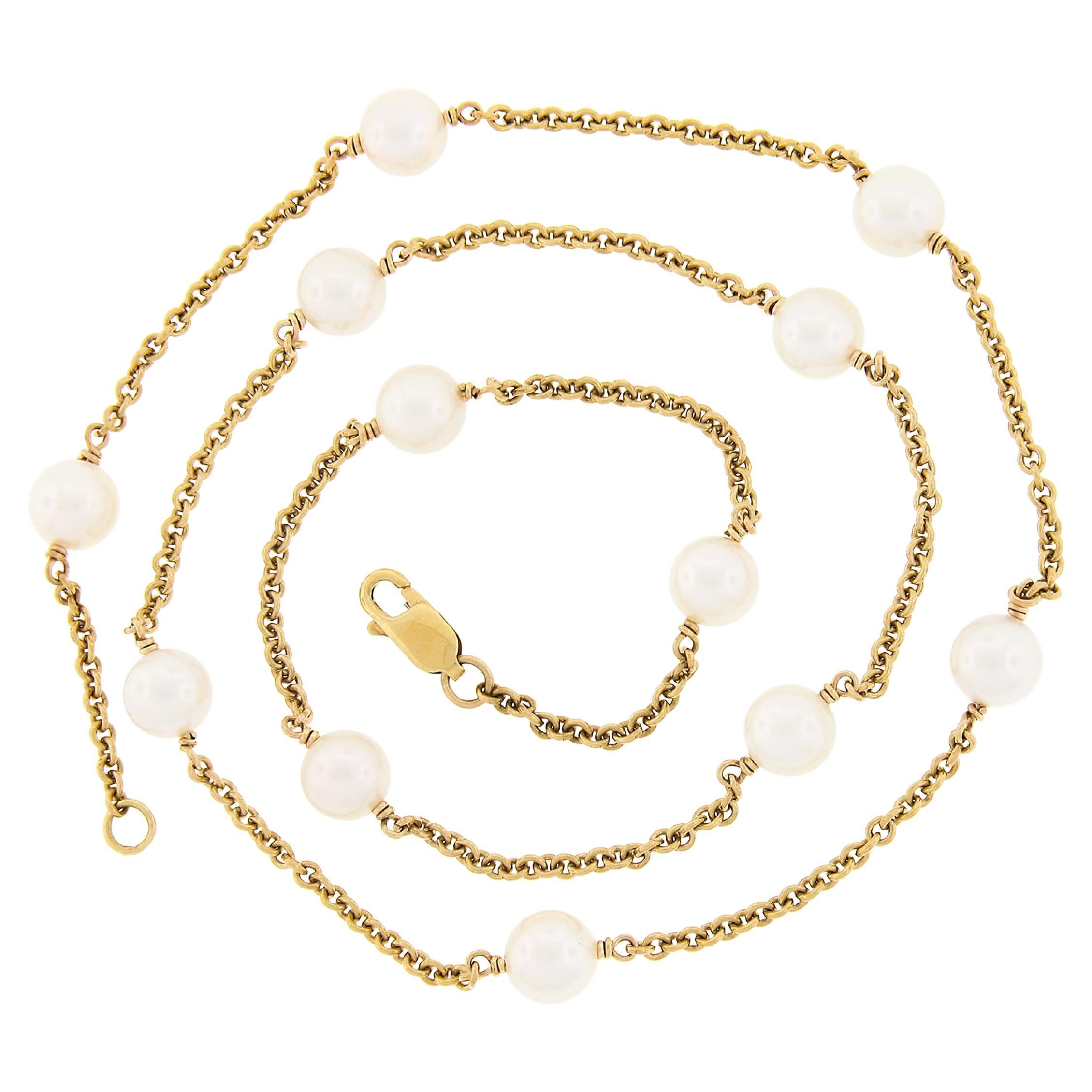 Estate 14k Yellow Gold 7.5mm White Pearl By The Yard 23.5" Cable Chain Necklace For Sale