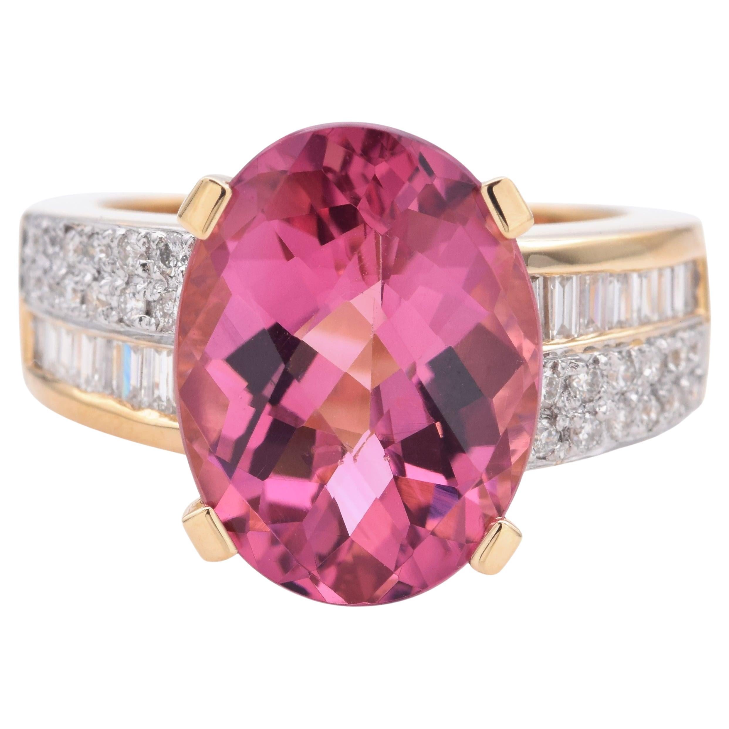 Estate 14K Yellow Gold 8.78Ct Pink Tourmaline & Diamond Oval Band Ring Size 8.25