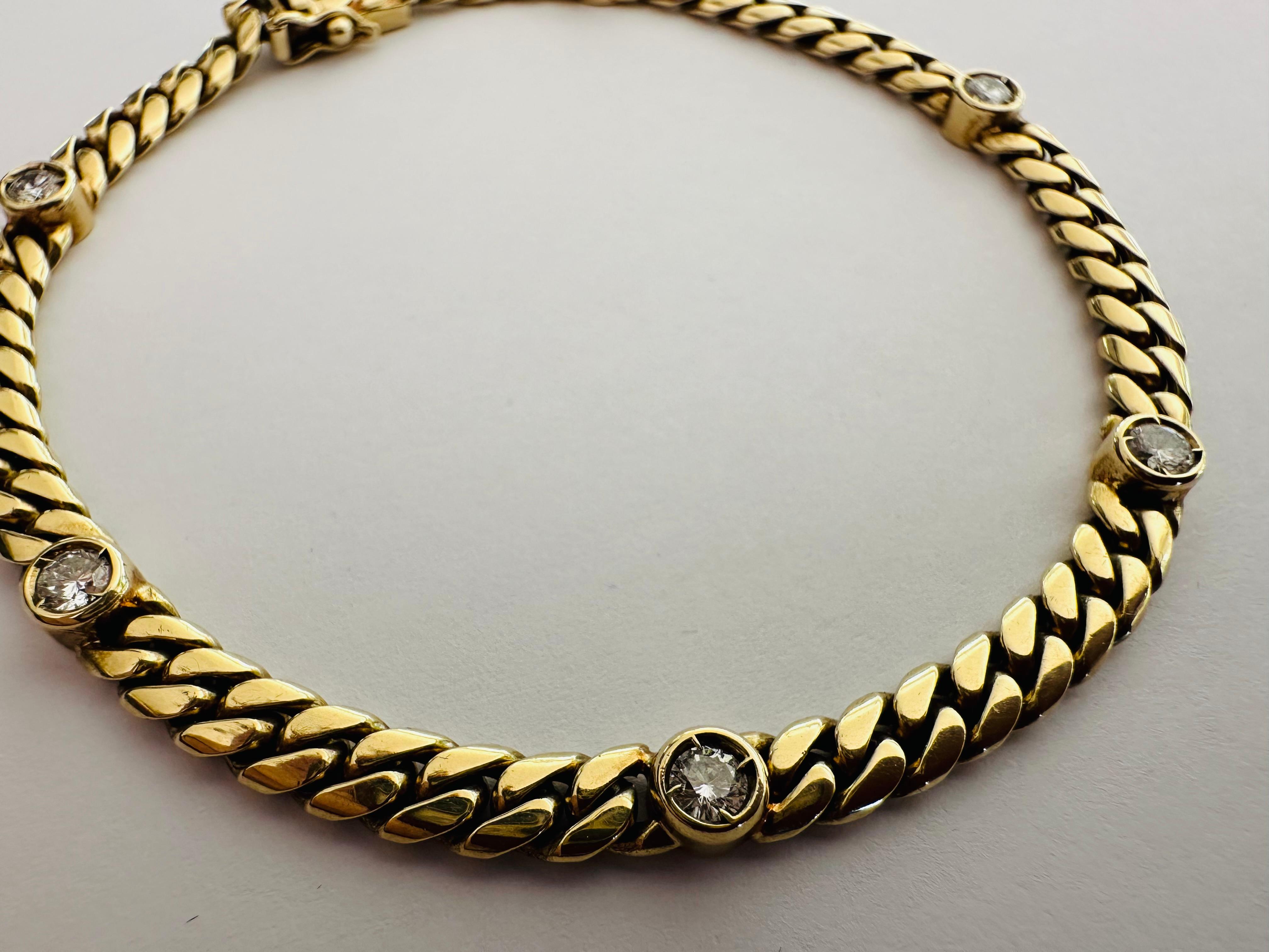 Round Cut Estate 14K Yellow Gold and Diamond Cuban Link Bracelet For Sale